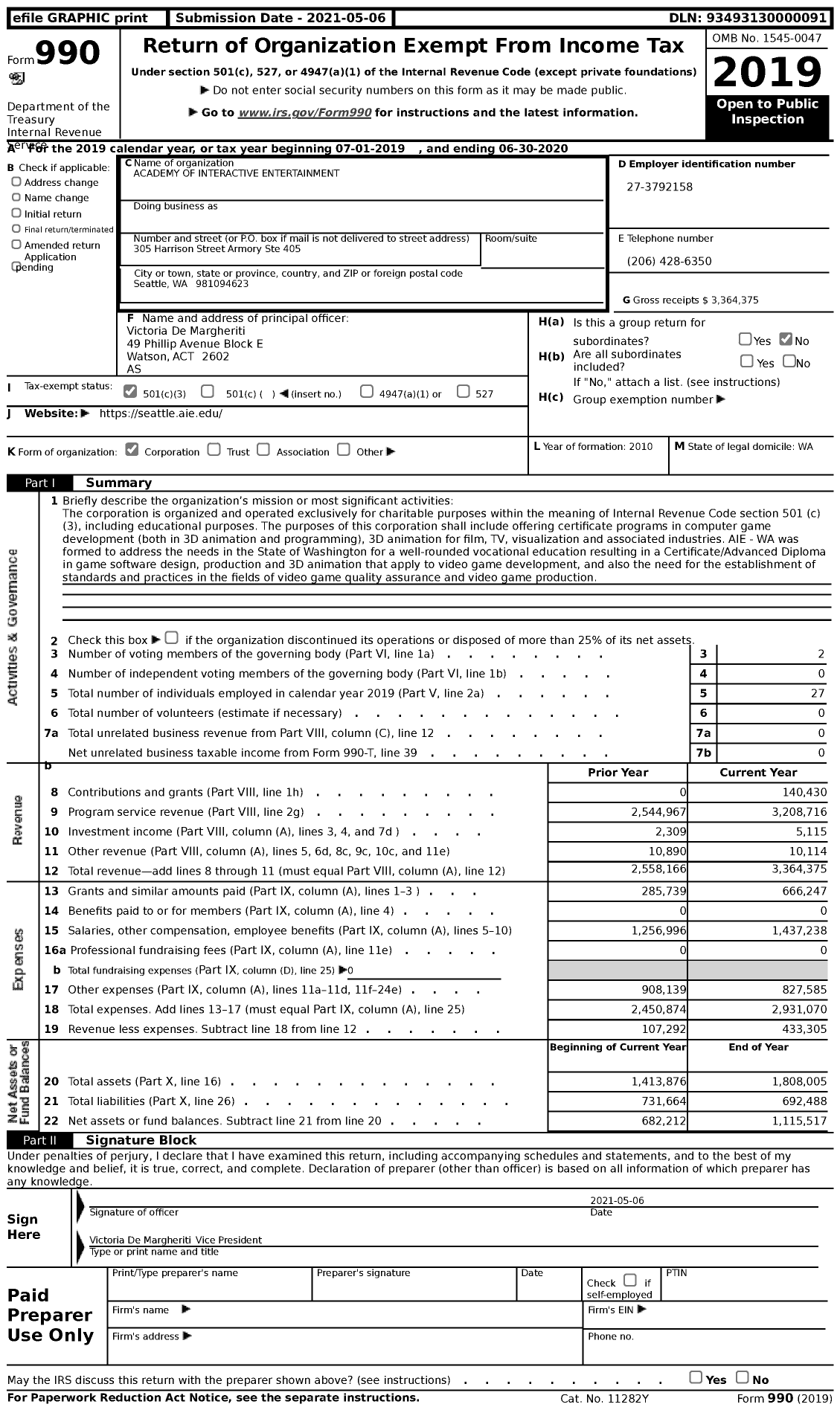 Image of first page of 2019 Form 990 for Academy of Interactive Entertainment (AIE)