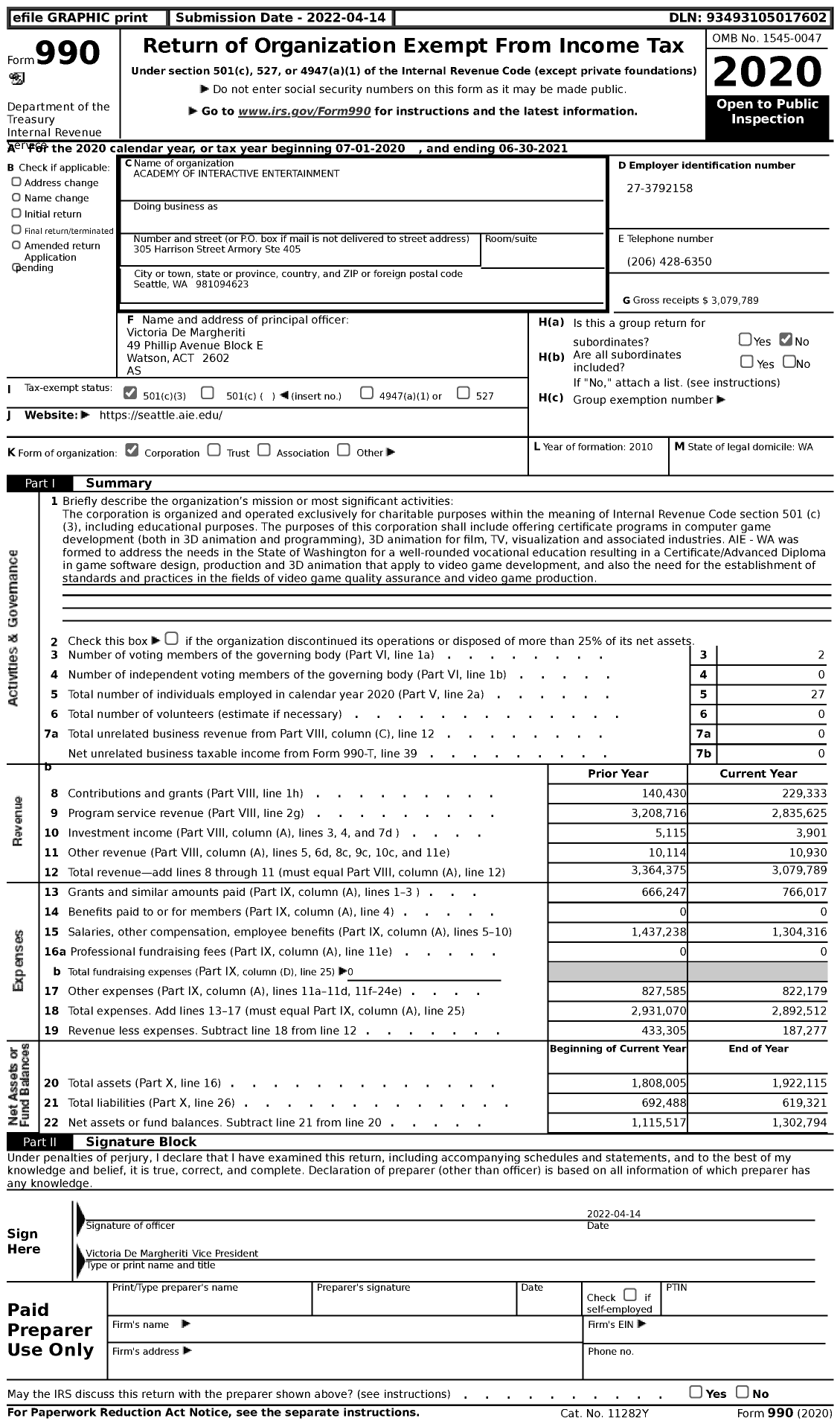 Image of first page of 2020 Form 990 for Academy of Interactive Entertainment (AIE)