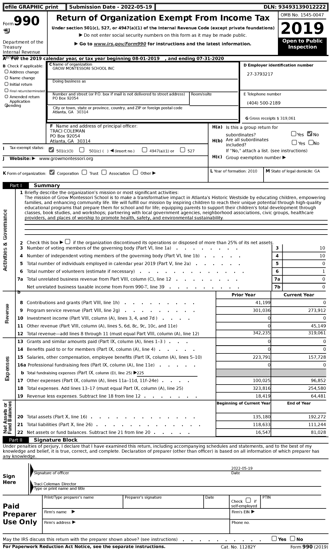 Image of first page of 2019 Form 990 for Grow Montessori School