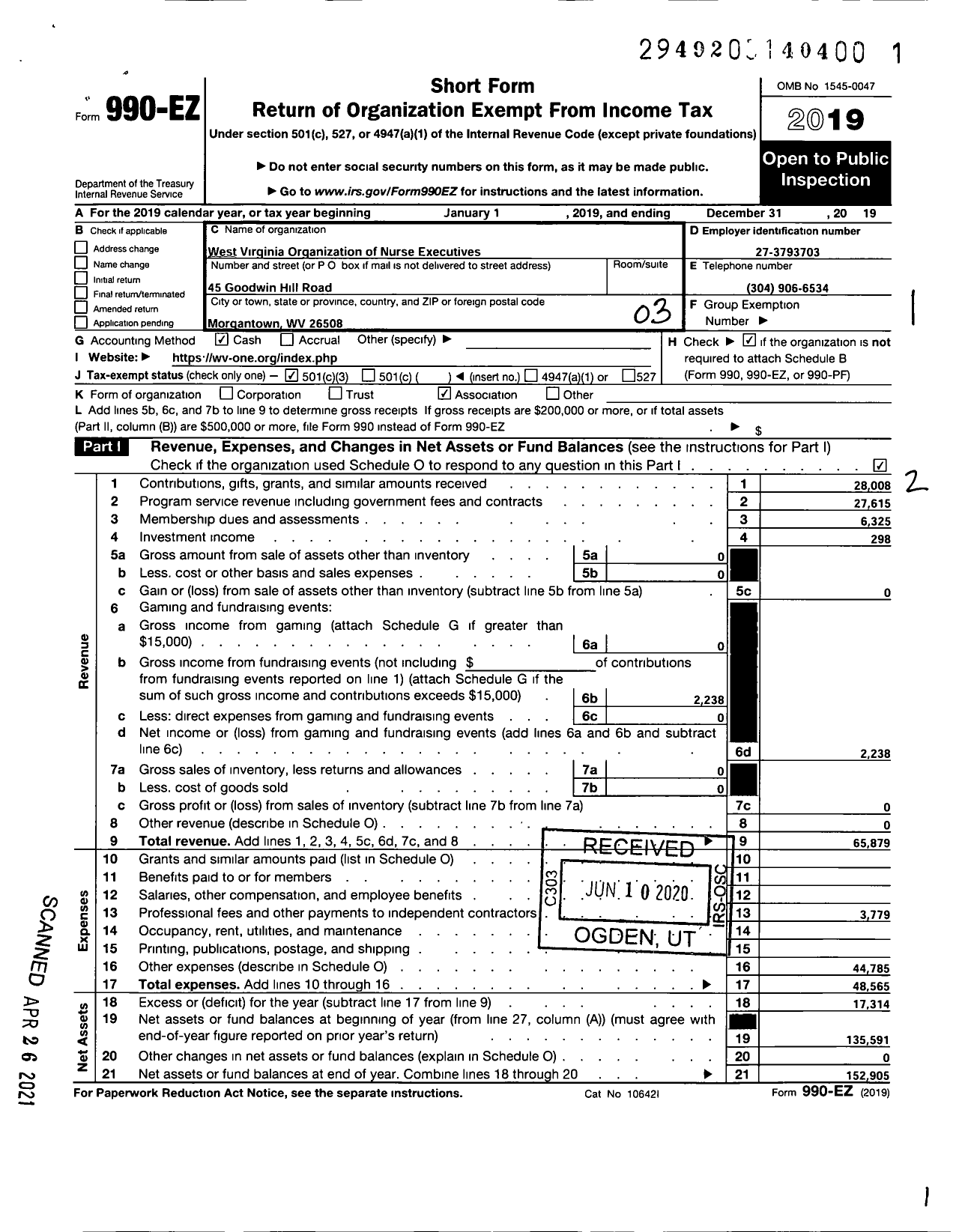 Image of first page of 2019 Form 990EZ for West Virginia Organization of Nurse
