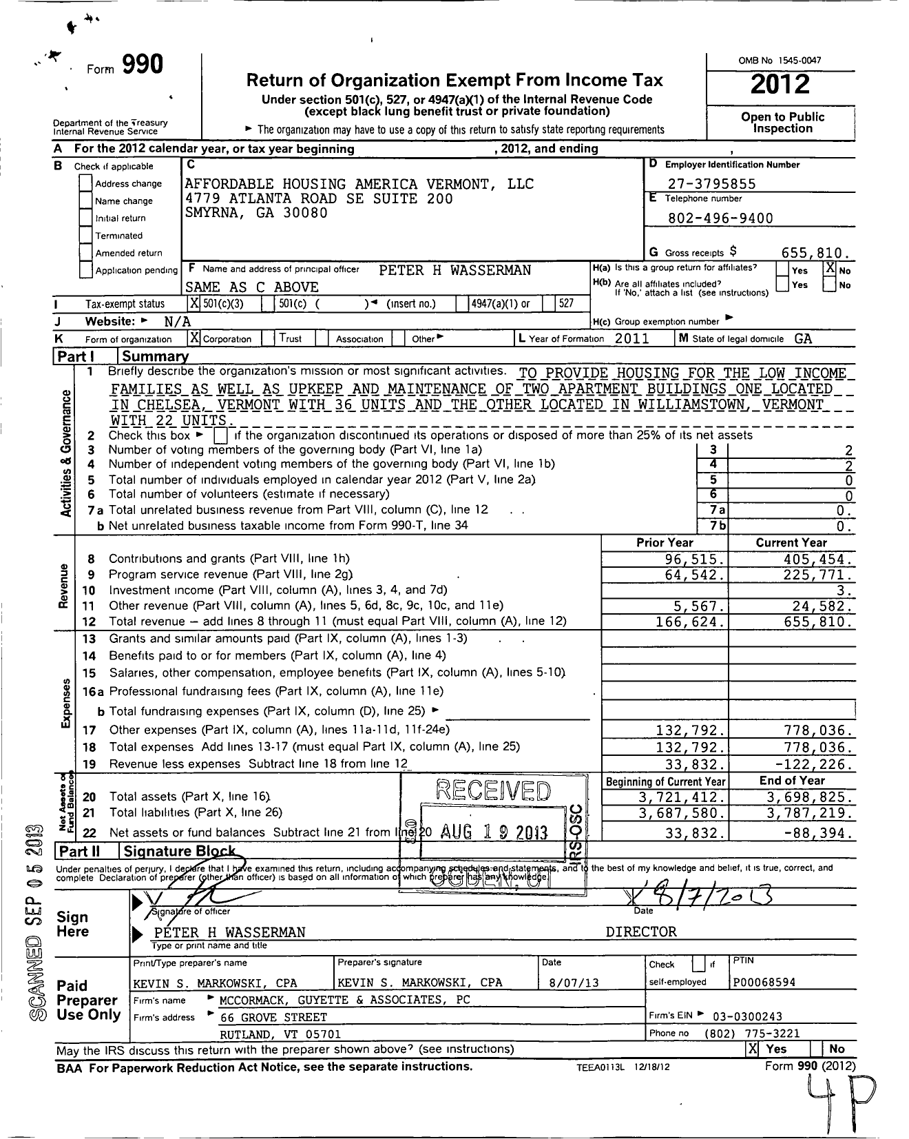 Image of first page of 2012 Form 990 for Affordable Housing America Vermont LLC