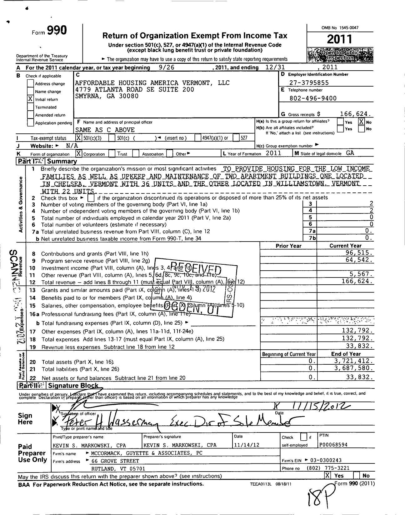 Image of first page of 2011 Form 990 for Affordable Housing America Vermont LLC