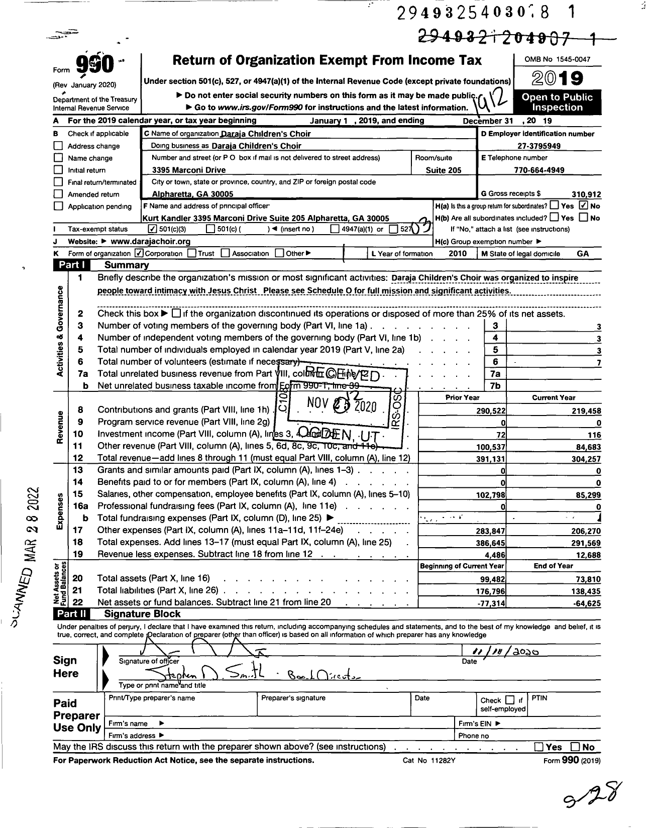 Image of first page of 2019 Form 990 for Daraja Childrens Choir