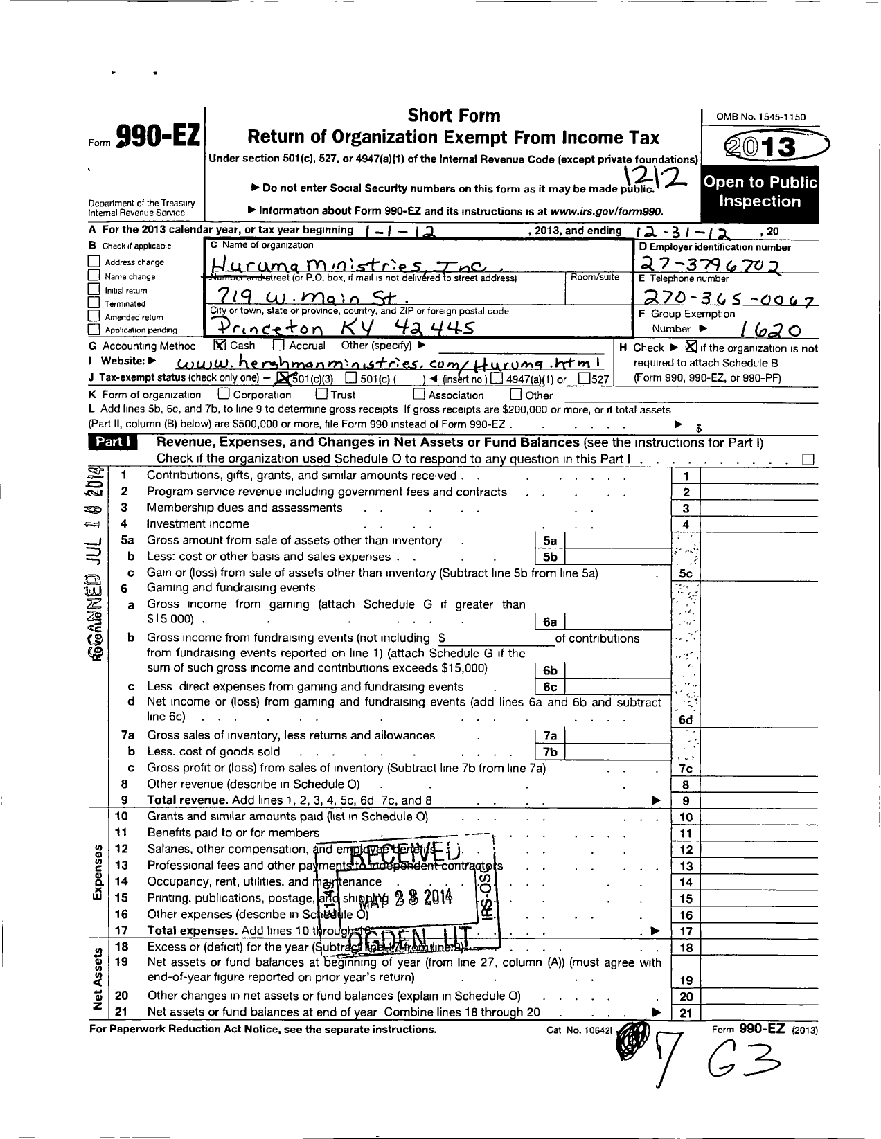 Image of first page of 2012 Form 990EZ for Huruma Ministries