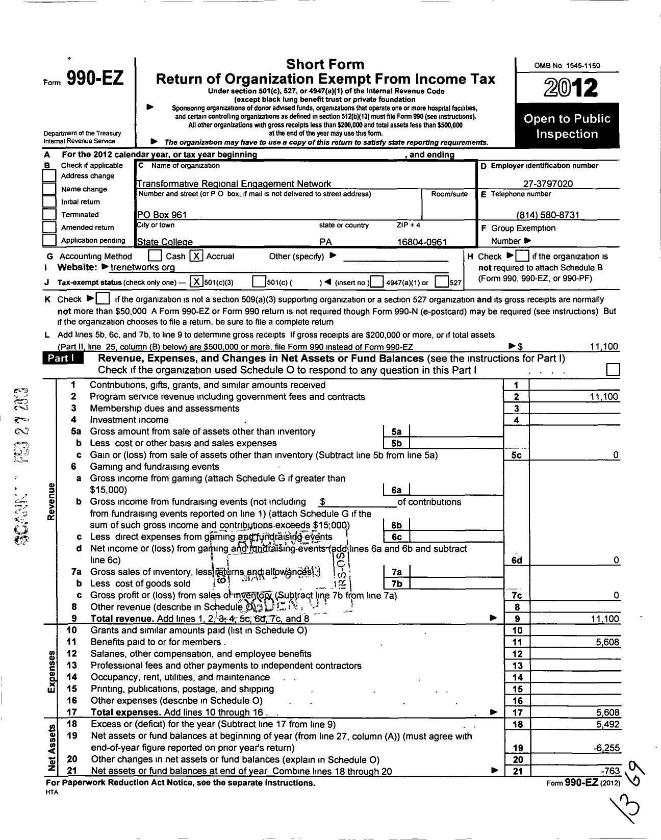 Image of first page of 2012 Form 990EZ for Transformative Regional Engagement