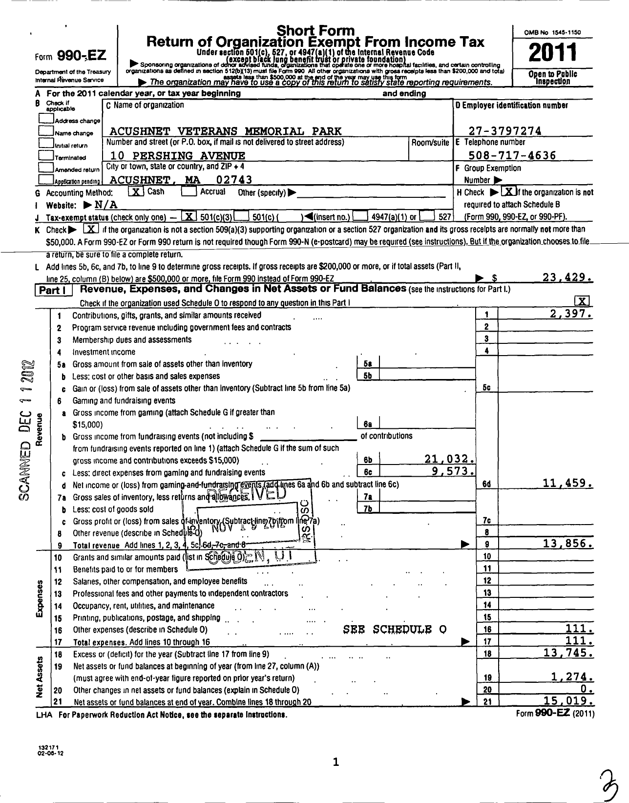 Image of first page of 2011 Form 990EZ for Acushnet Veterans Memorial Park