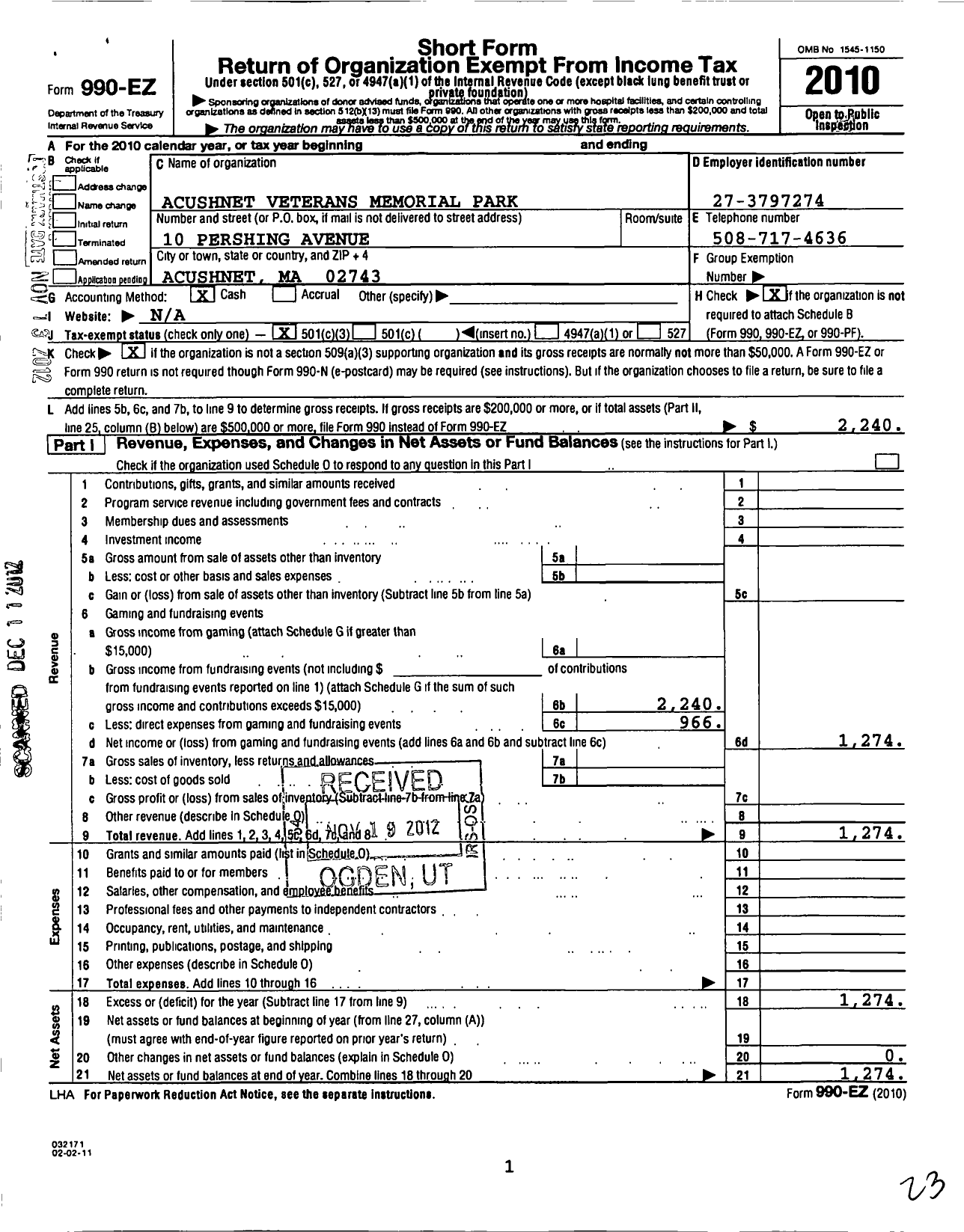 Image of first page of 2010 Form 990EZ for Acushnet Veterans Memorial Park