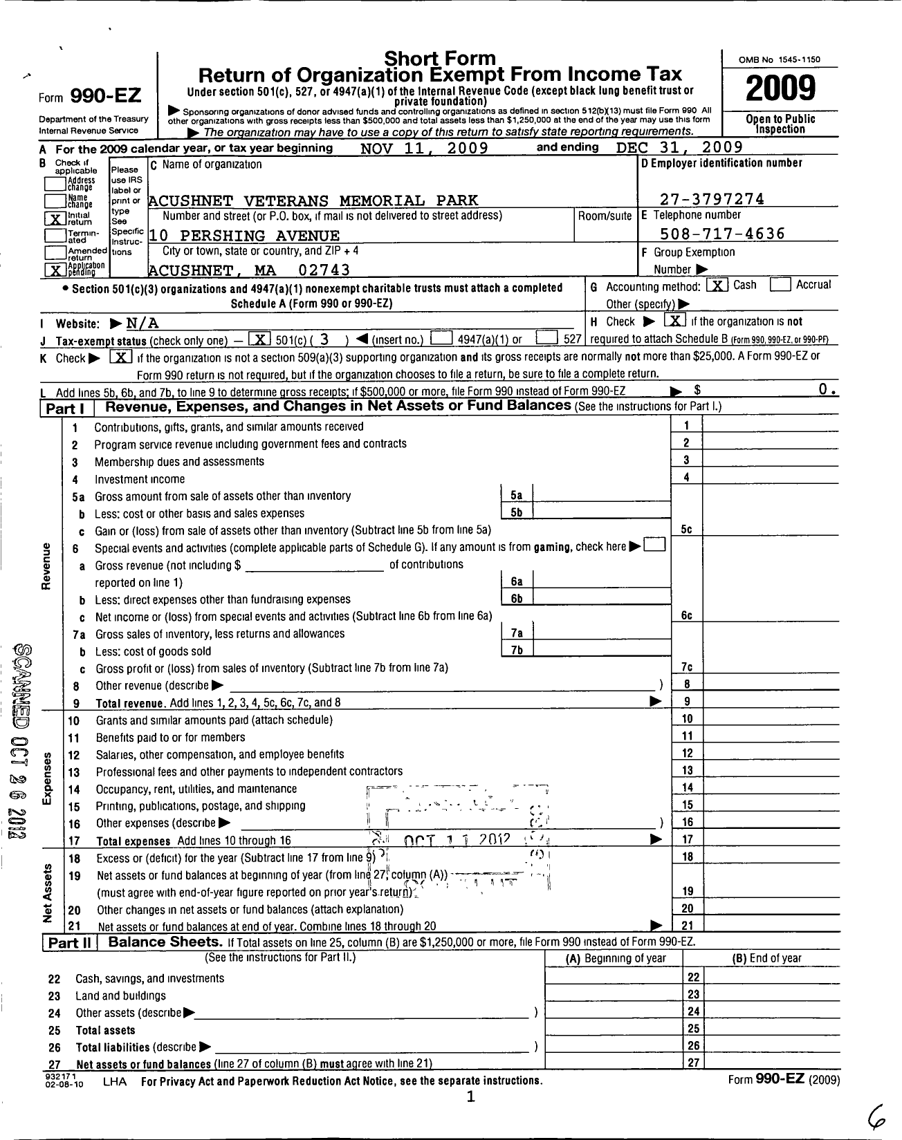 Image of first page of 2009 Form 990EZ for Acushnet Veterans Memorial Park