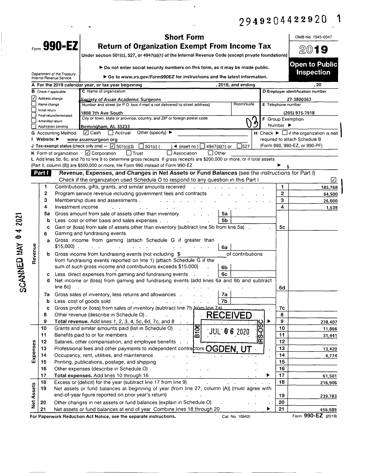 Image of first page of 2019 Form 990EZ for Society of Asian Academic Surgeons