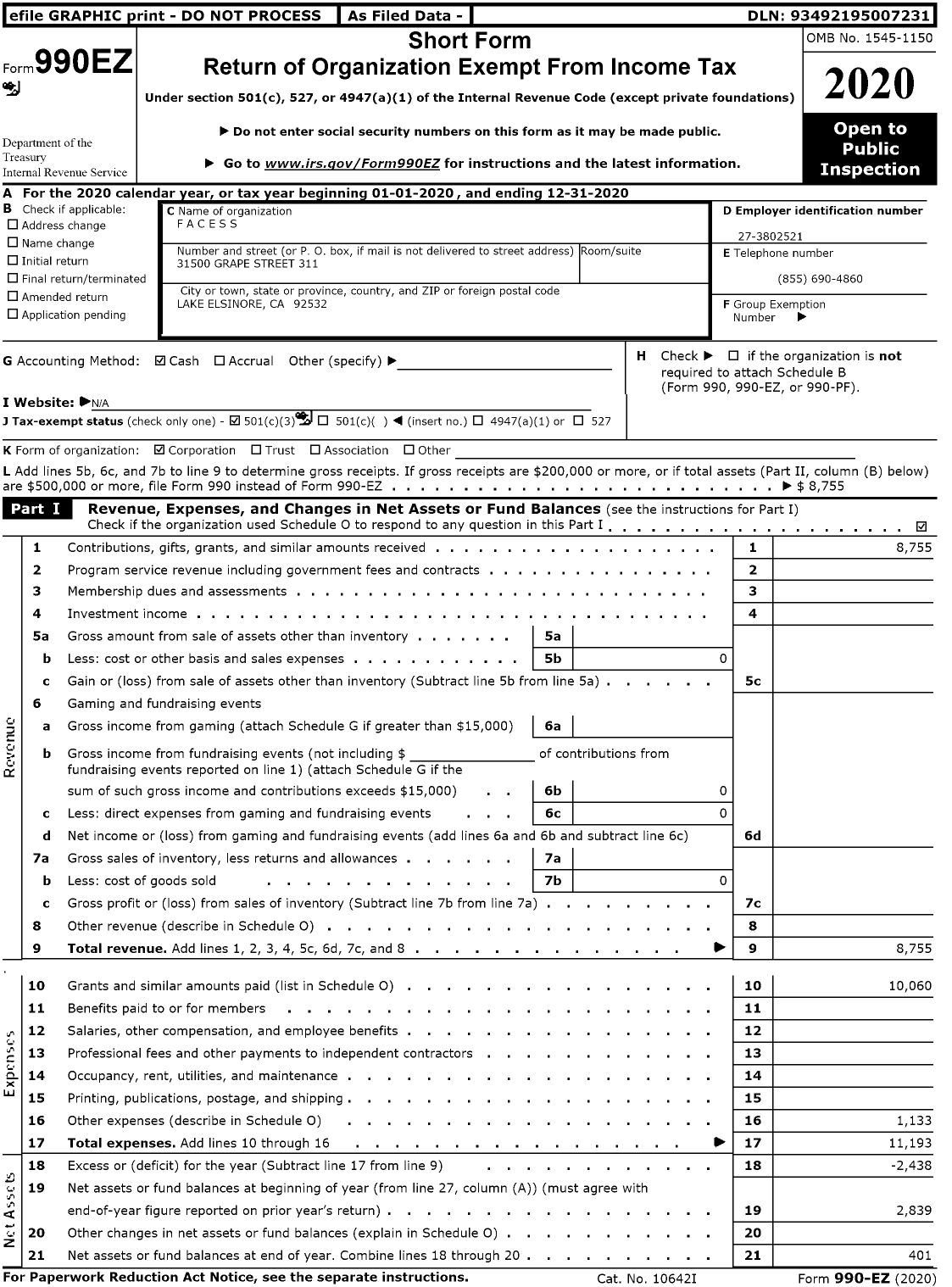 Image of first page of 2020 Form 990EZ for F A C E S S