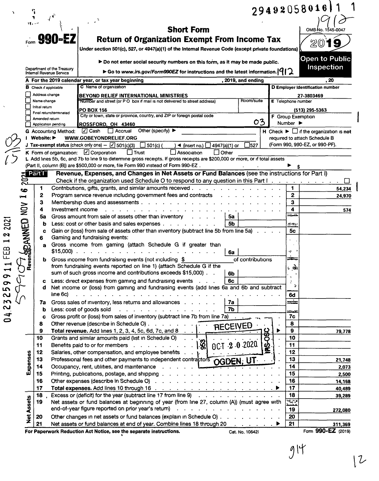 Image of first page of 2019 Form 990EZ for Beyond Relief International Ministries