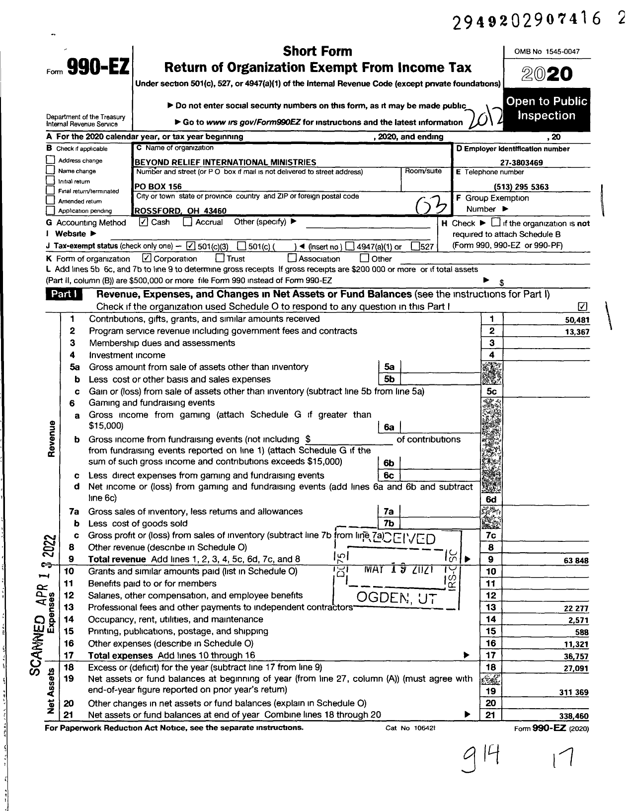 Image of first page of 2020 Form 990EZ for Beyond Relief International Ministries