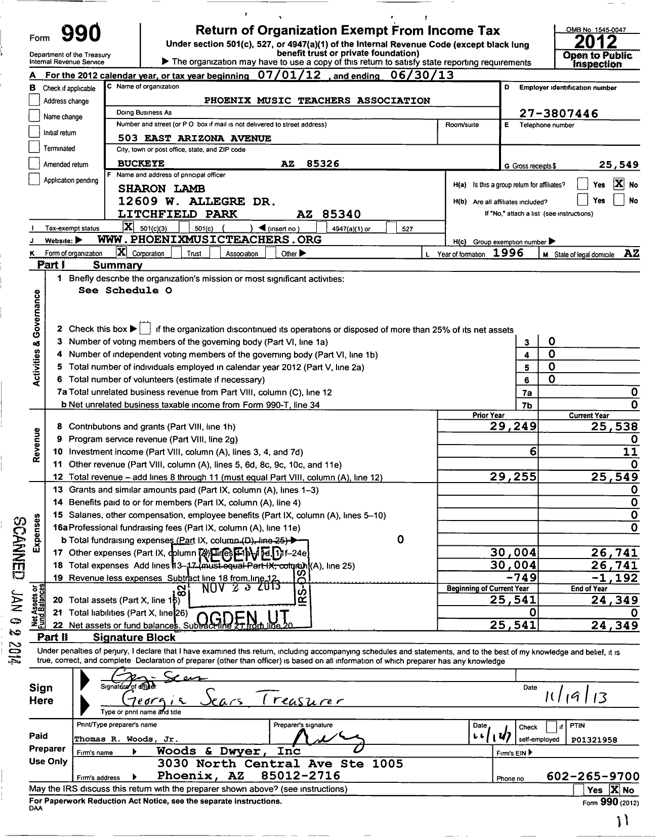 Image of first page of 2012 Form 990 for Music Teachers National Association / Phoenix Mta