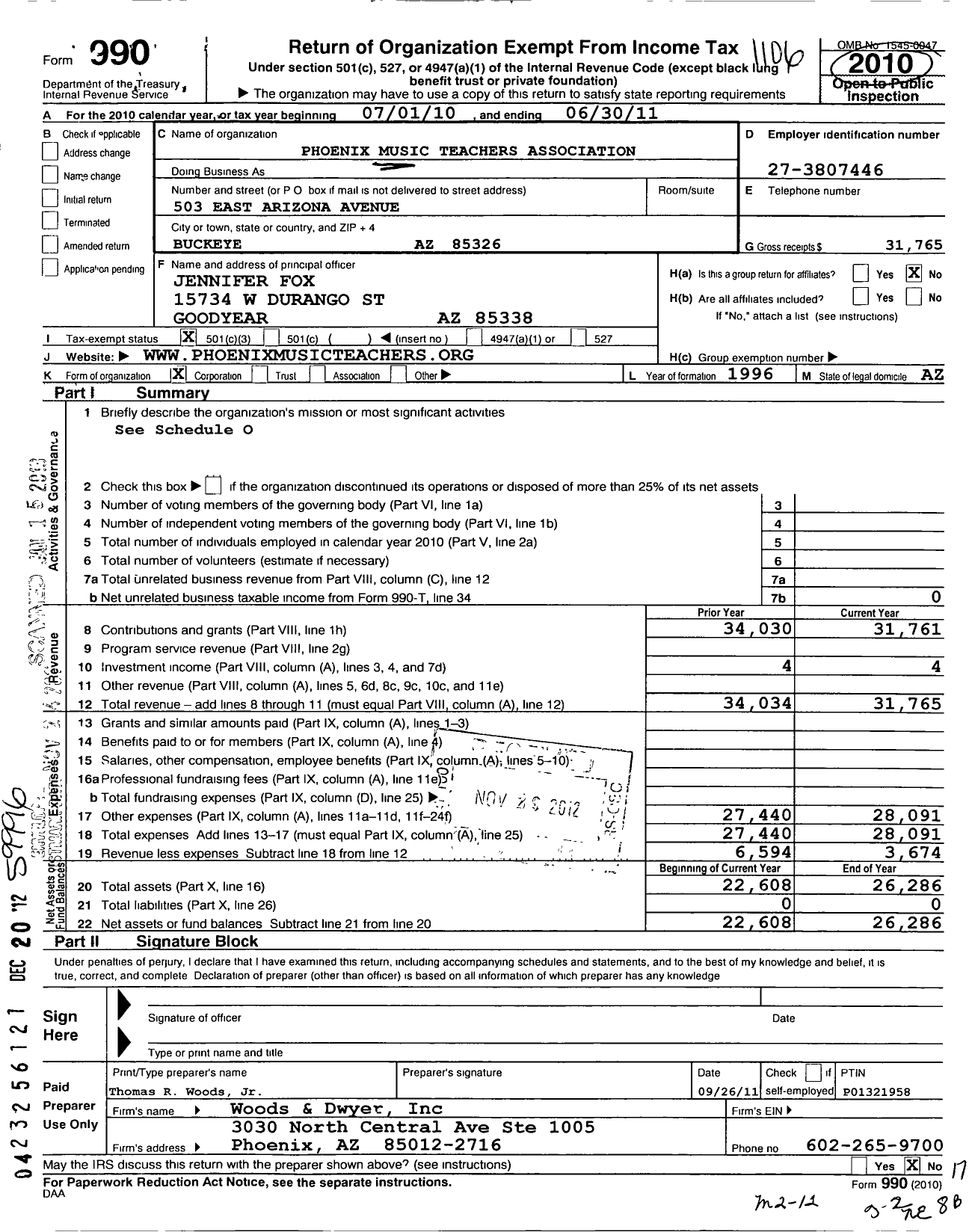 Image of first page of 2010 Form 990 for Music Teachers National Association / Phoenix Mta