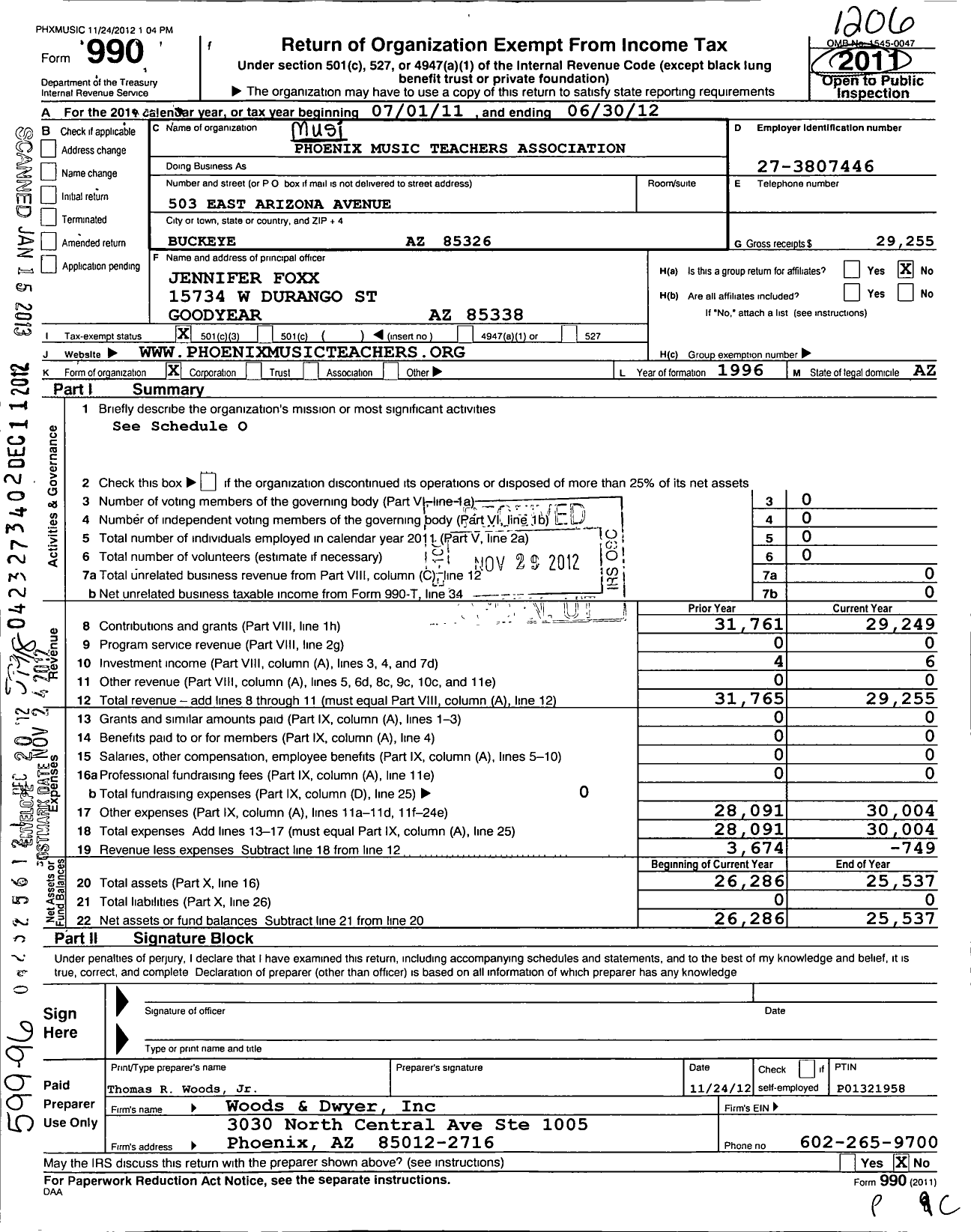 Image of first page of 2011 Form 990 for Music Teachers National Association / Phoenix Mta