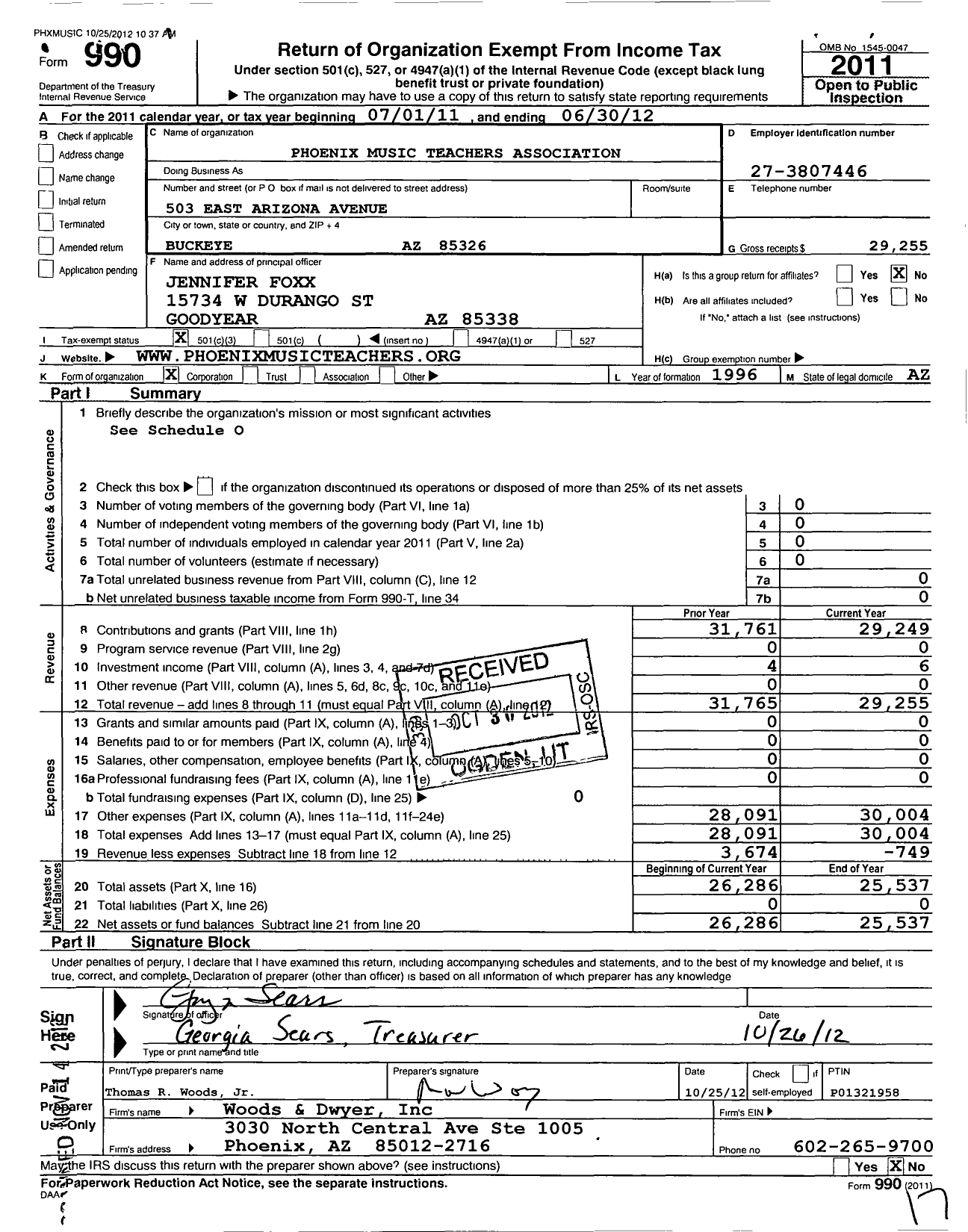 Image of first page of 2011 Form 990 for Music Teachers National Association / Phoenix Mta