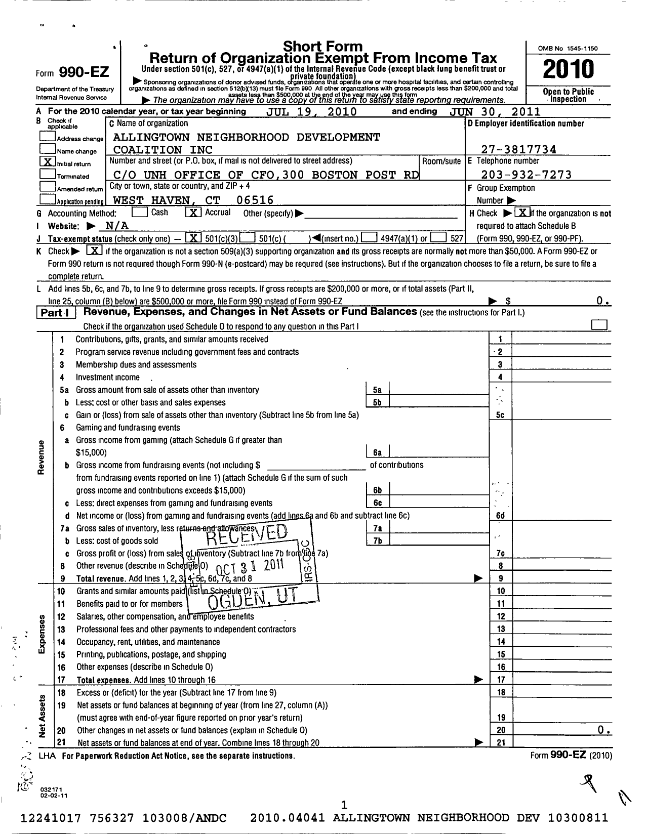 Image of first page of 2010 Form 990EZ for Allingtown Neighborhood Development Coalition Coalition