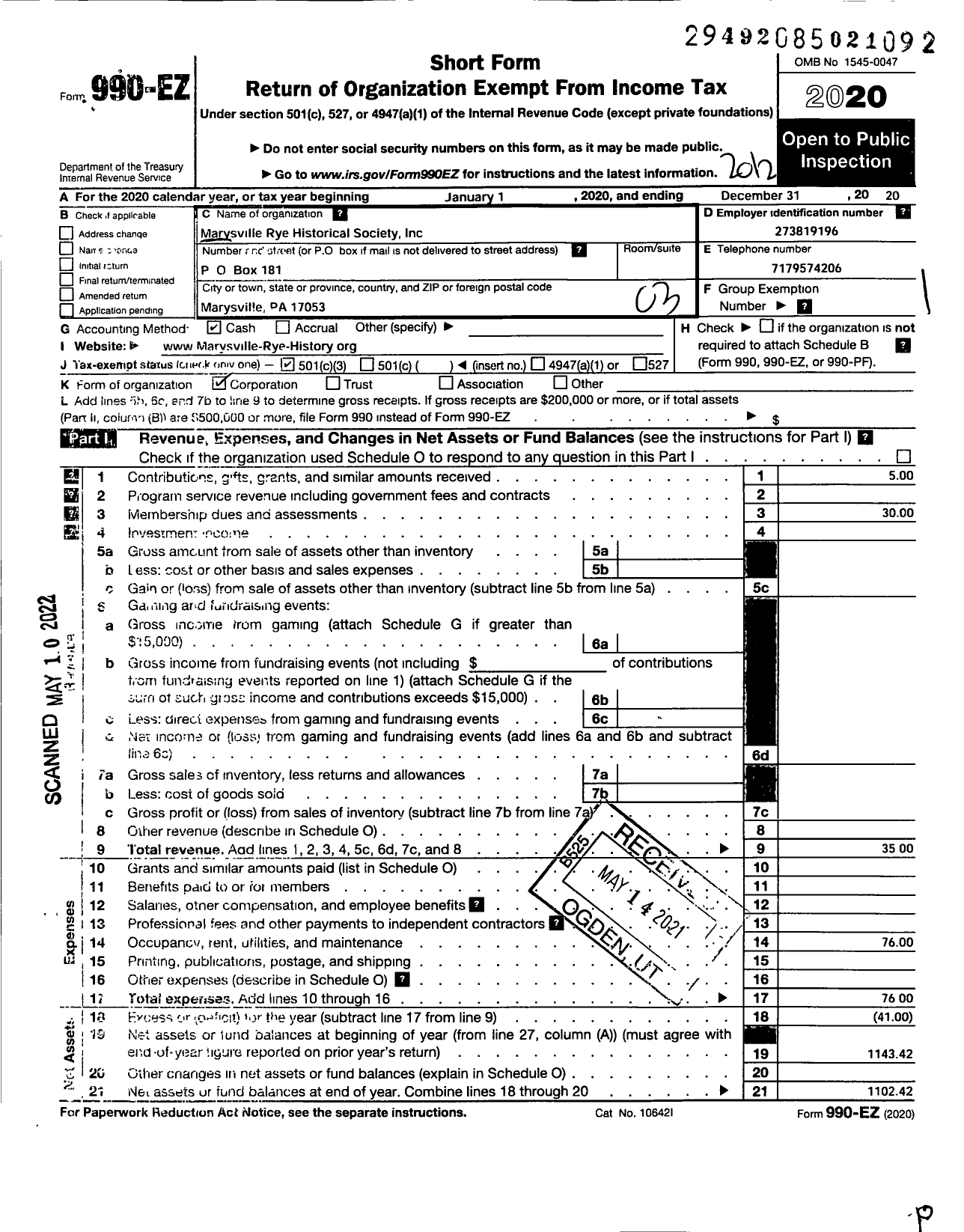 Image of first page of 2020 Form 990EZ for Marysville Rye Historical Society