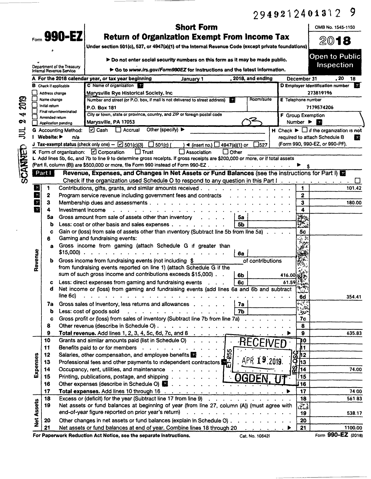 Image of first page of 2018 Form 990EZ for Marysville Rye Historical Society