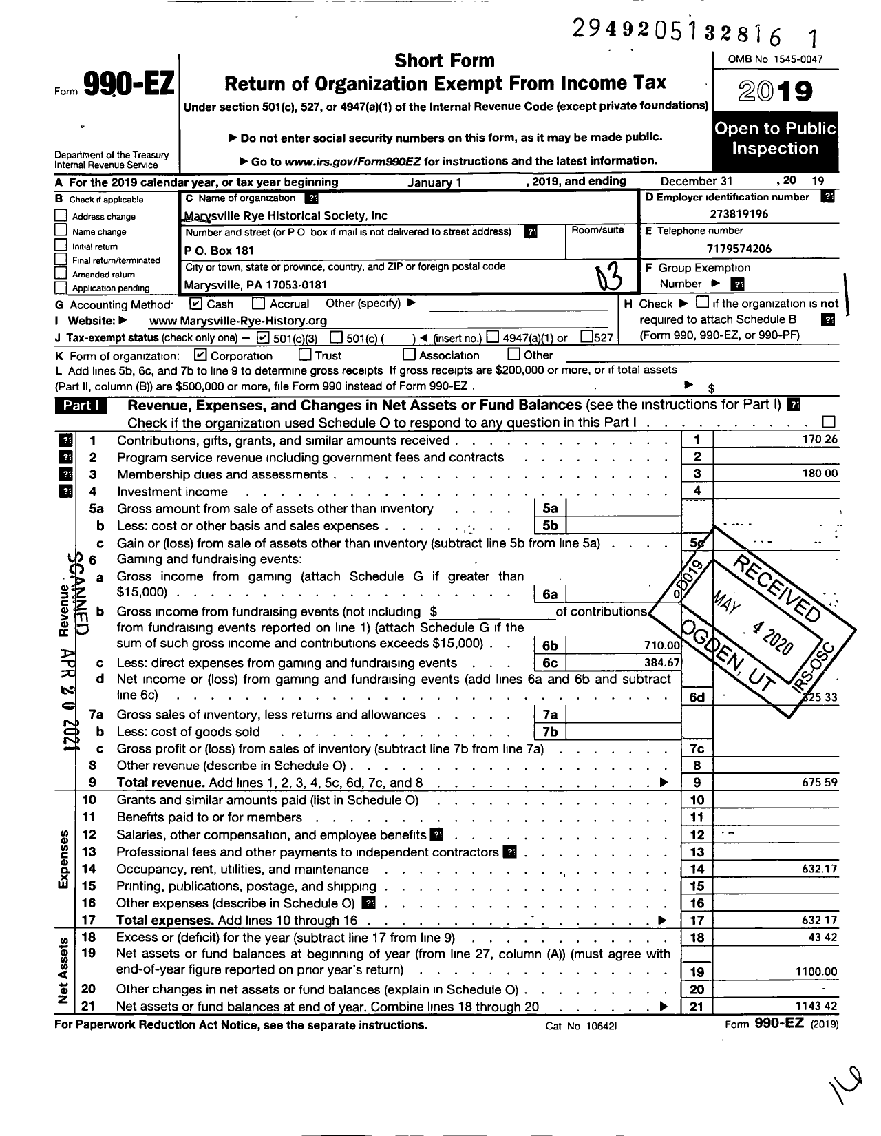 Image of first page of 2019 Form 990EZ for Marysville Rye Historical Society