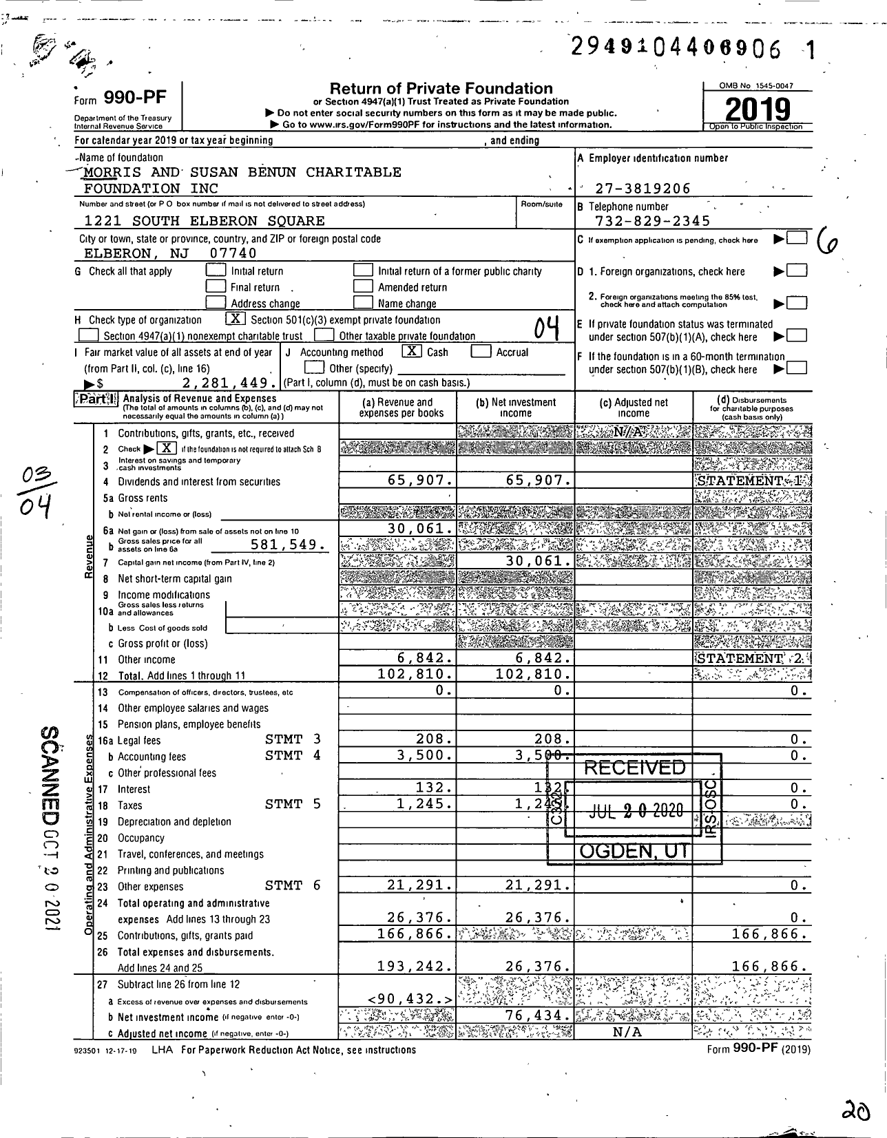 Image of first page of 2019 Form 990PF for Morris and Susan Benun Charitable Foundation