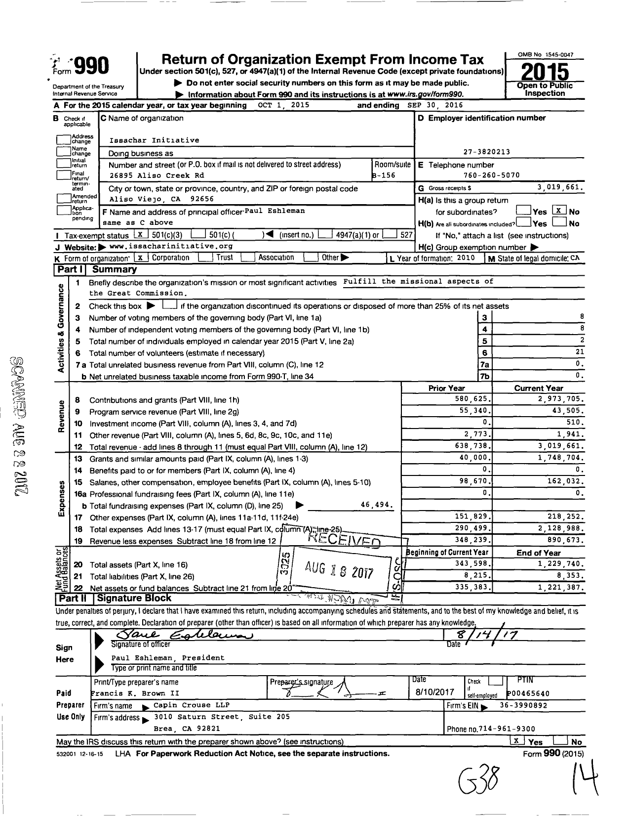 Image of first page of 2015 Form 990 for Issachar Initiative