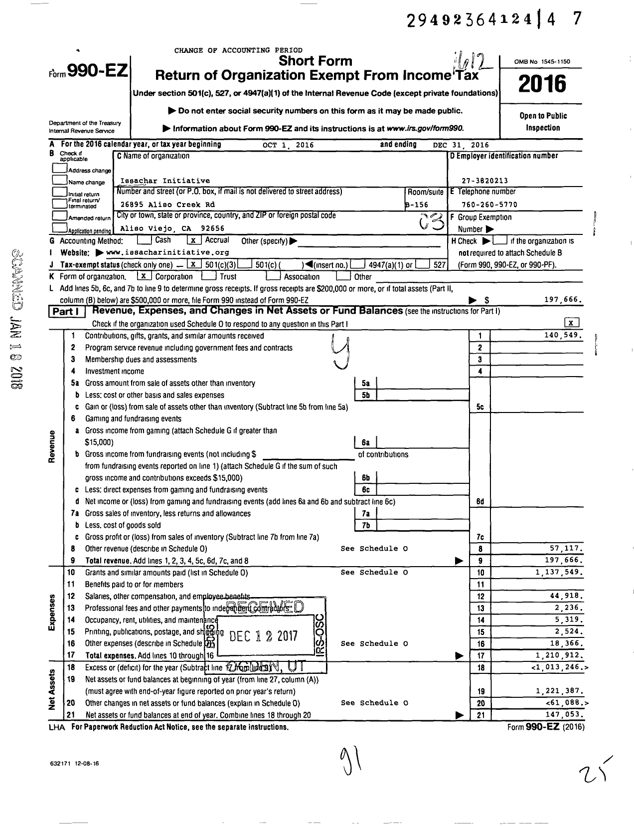 Image of first page of 2016 Form 990EZ for Issachar Initiative