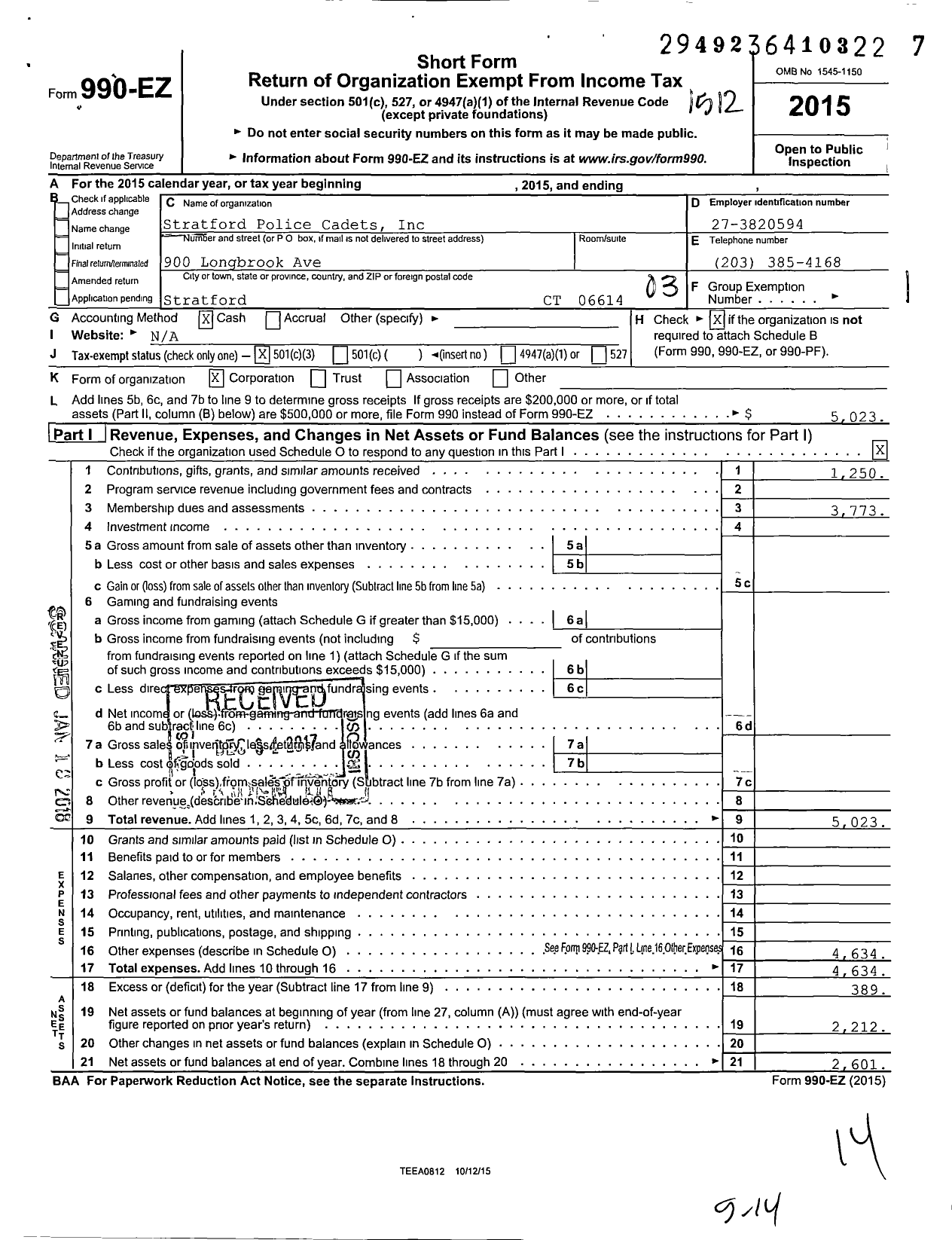 Image of first page of 2015 Form 990EZ for Stratford Police Cadets