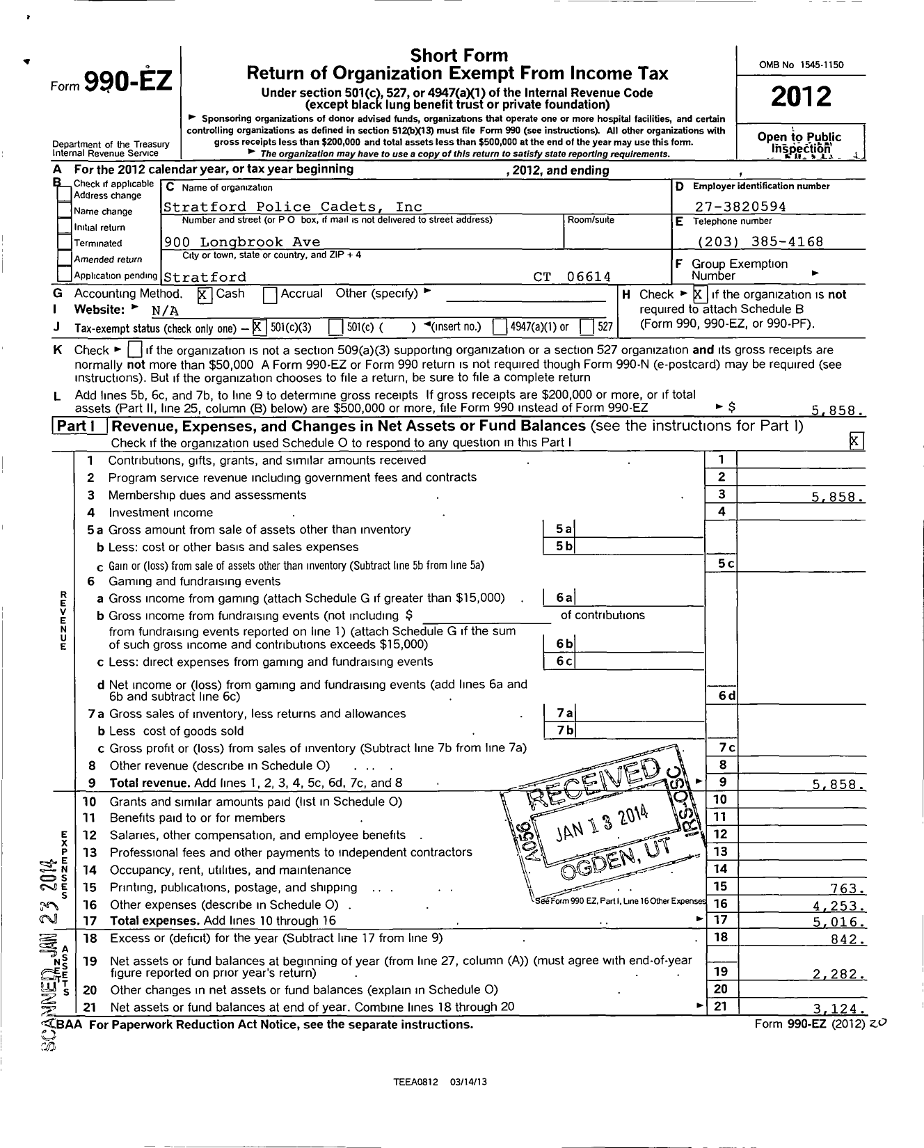 Image of first page of 2012 Form 990EZ for Stratford Police Cadets