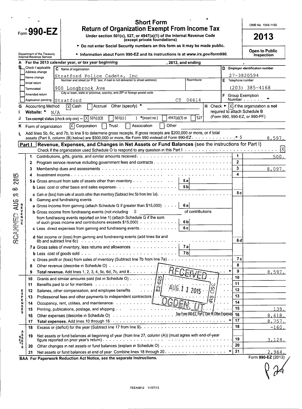 Image of first page of 2013 Form 990EZ for Stratford Police Cadets