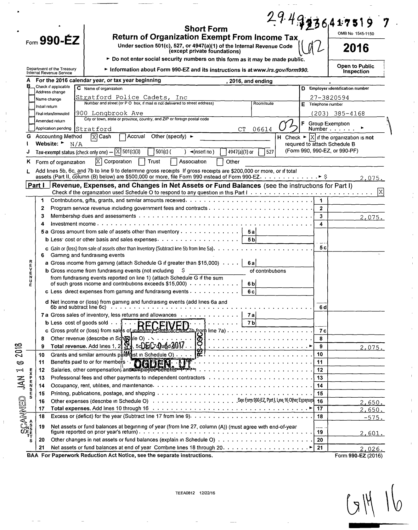 Image of first page of 2016 Form 990EZ for Stratford Police Cadets