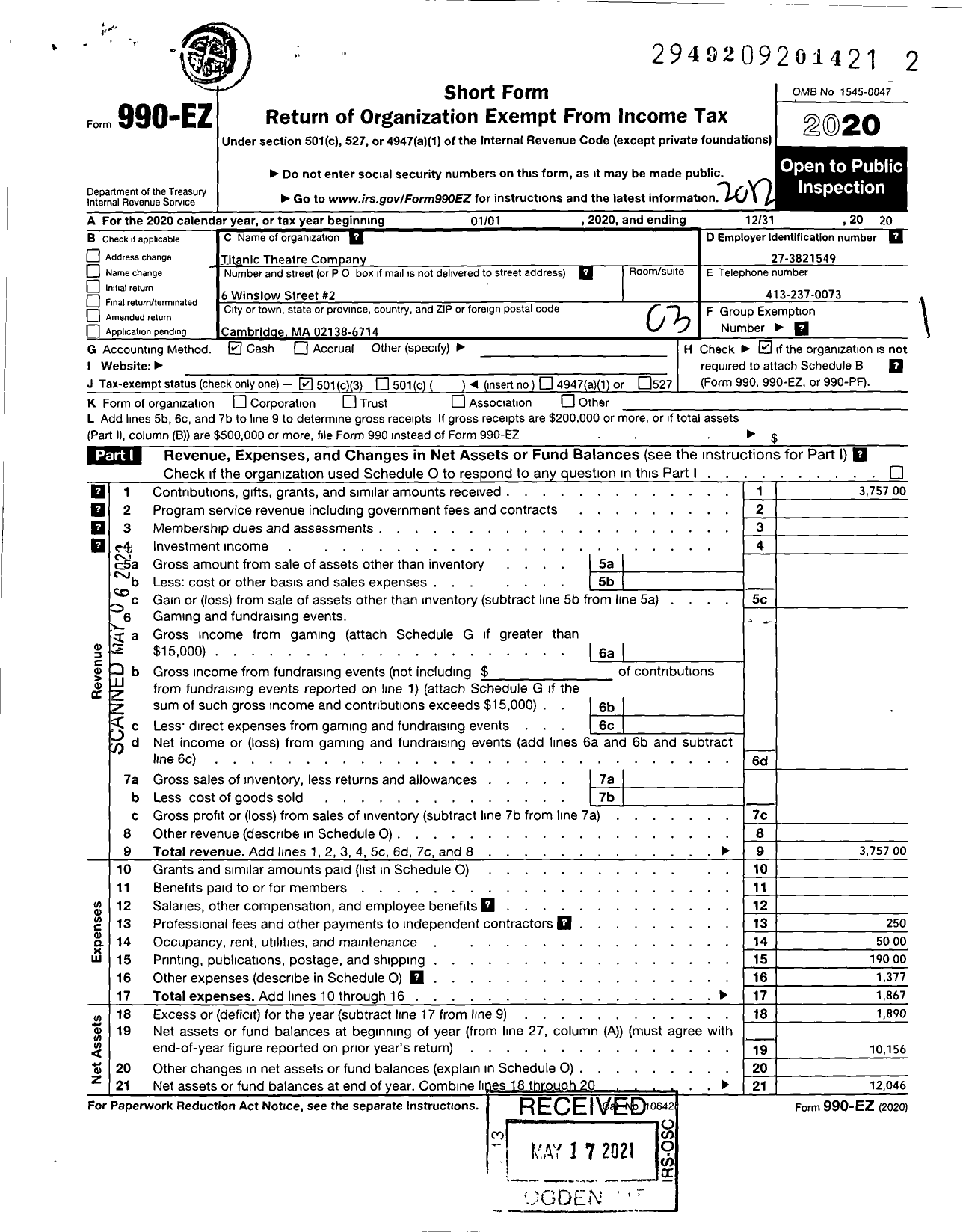 Image of first page of 2020 Form 990EZ for Titanic Theatre Company