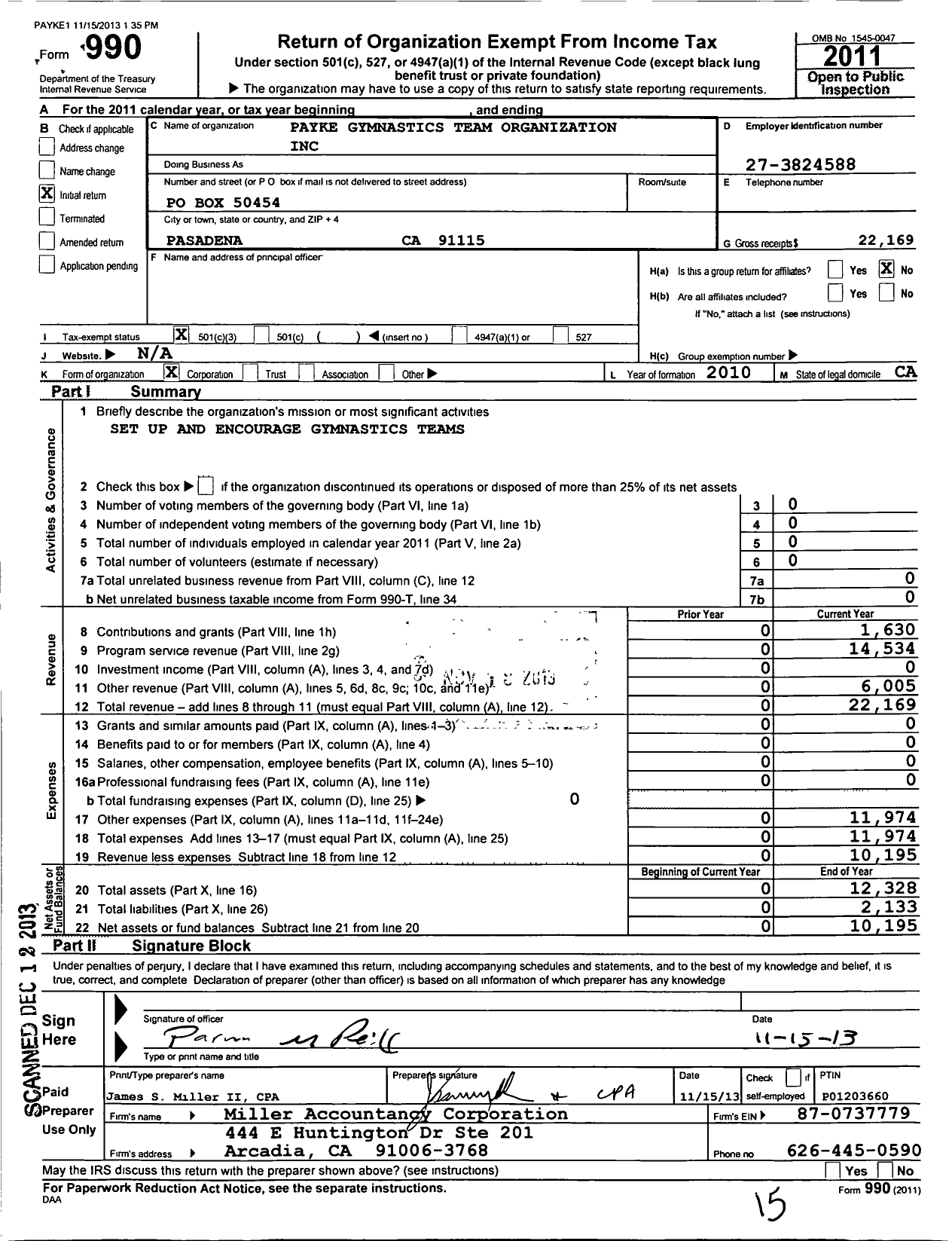 Image of first page of 2011 Form 990 for Payke Gymnastics Team Organization