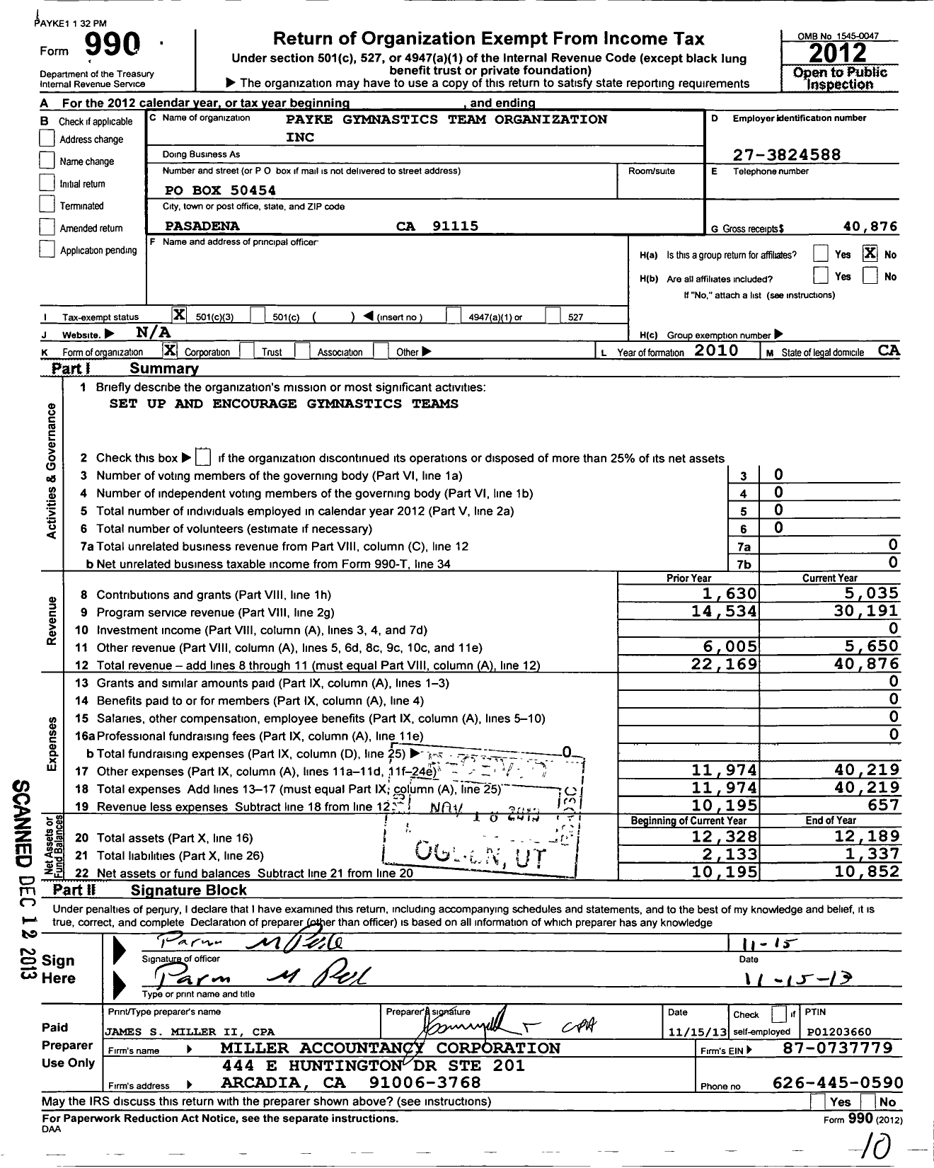 Image of first page of 2012 Form 990 for Payke Gymnastics Team Organization