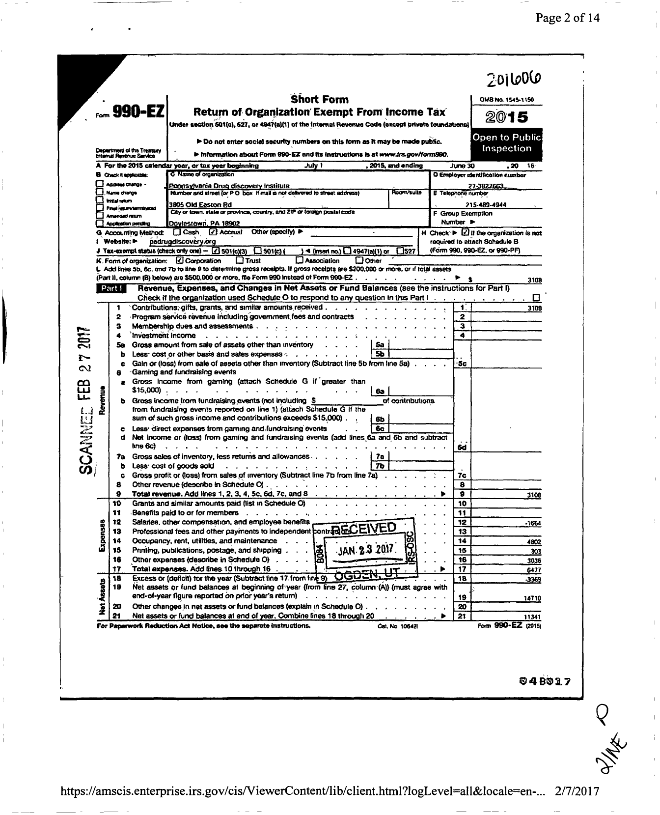 Image of first page of 2015 Form 990EZ for Pennsylvania Drug Discovery Institute