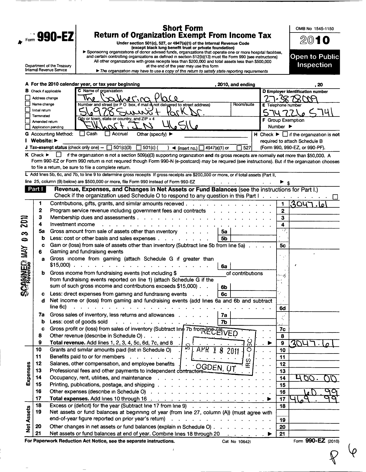 Image of first page of 2010 Form 990EO for Gathering Place