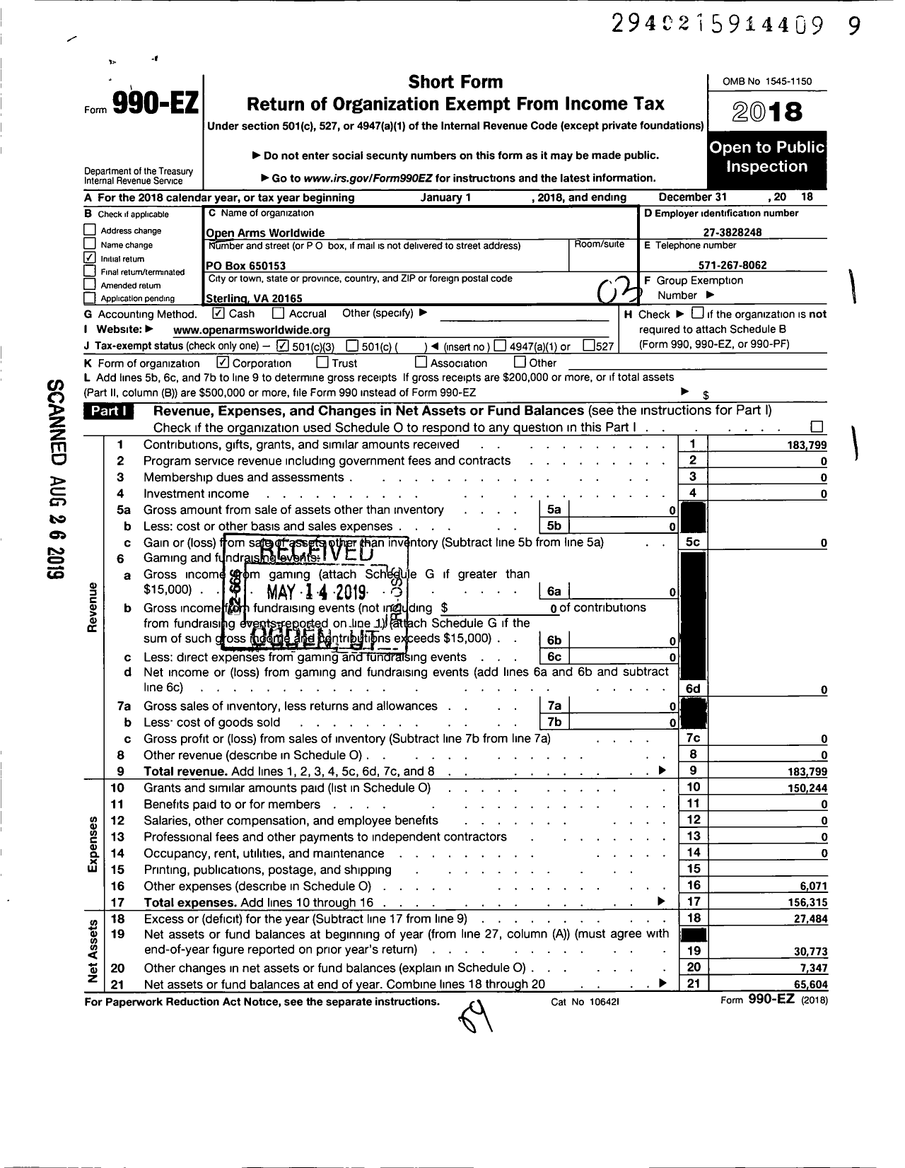 Image of first page of 2018 Form 990EZ for Open Arms Worldwide