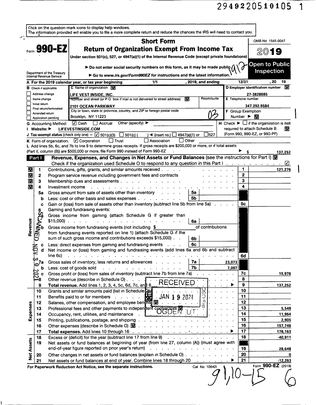 Image of first page of 2019 Form 990EZ for Life Vest Inside