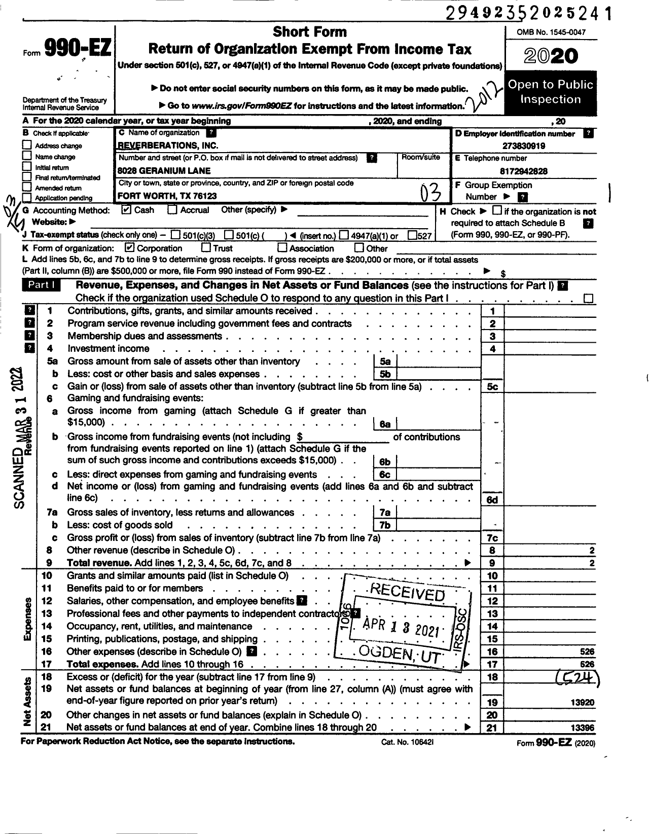 Image of first page of 2020 Form 990EZ for Reverberations