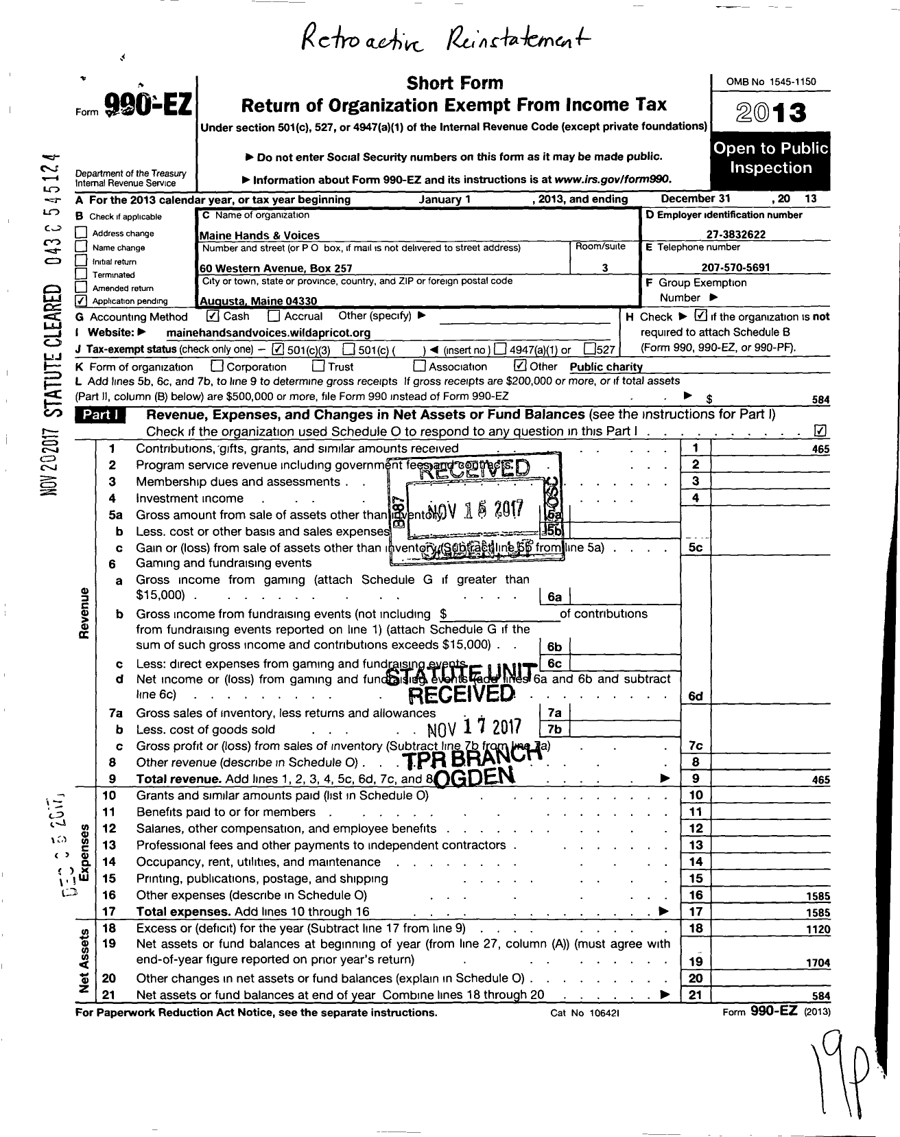 Image of first page of 2013 Form 990EZ for Maine Hands and Voices