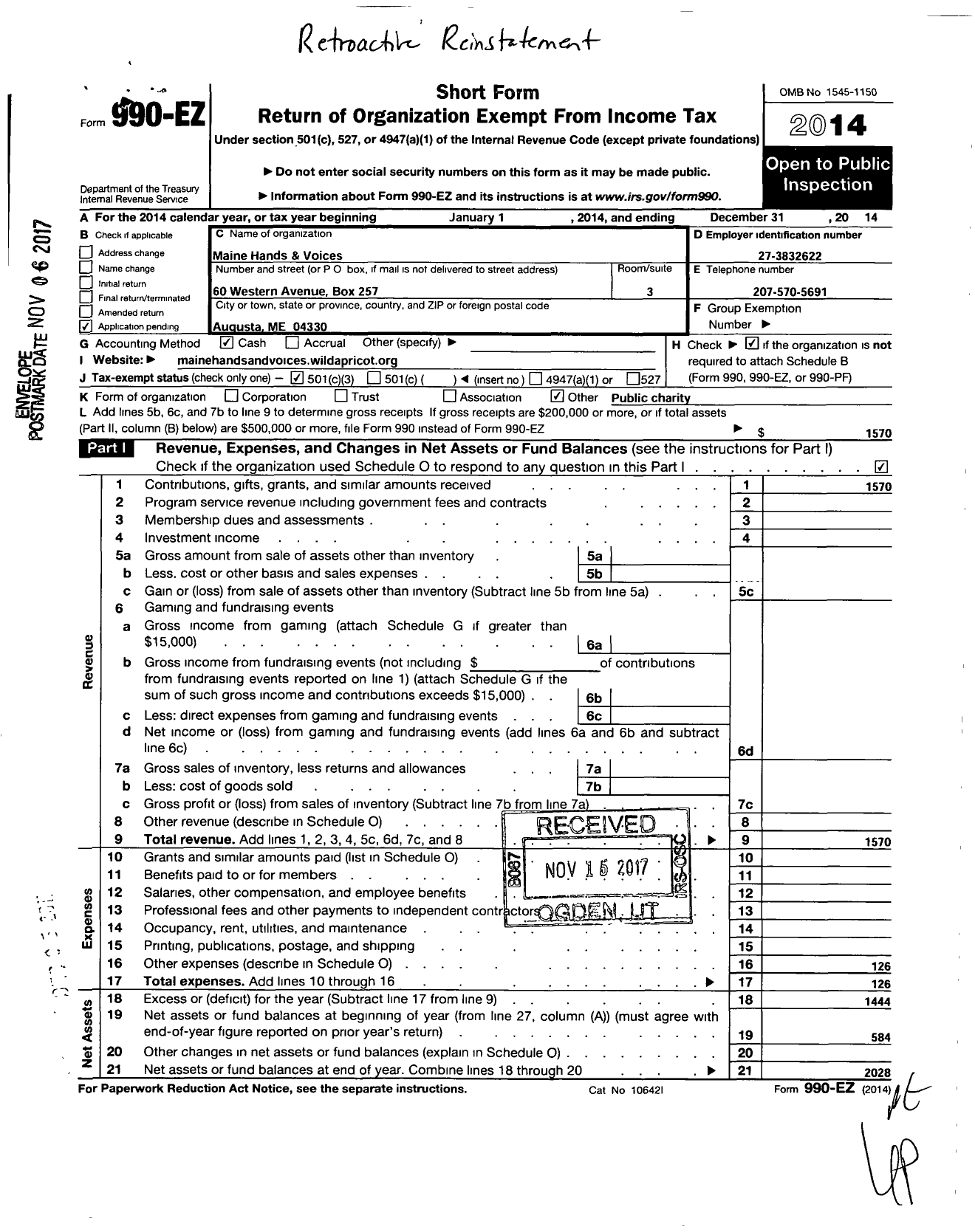 Image of first page of 2014 Form 990EZ for Maine Hands and Voices