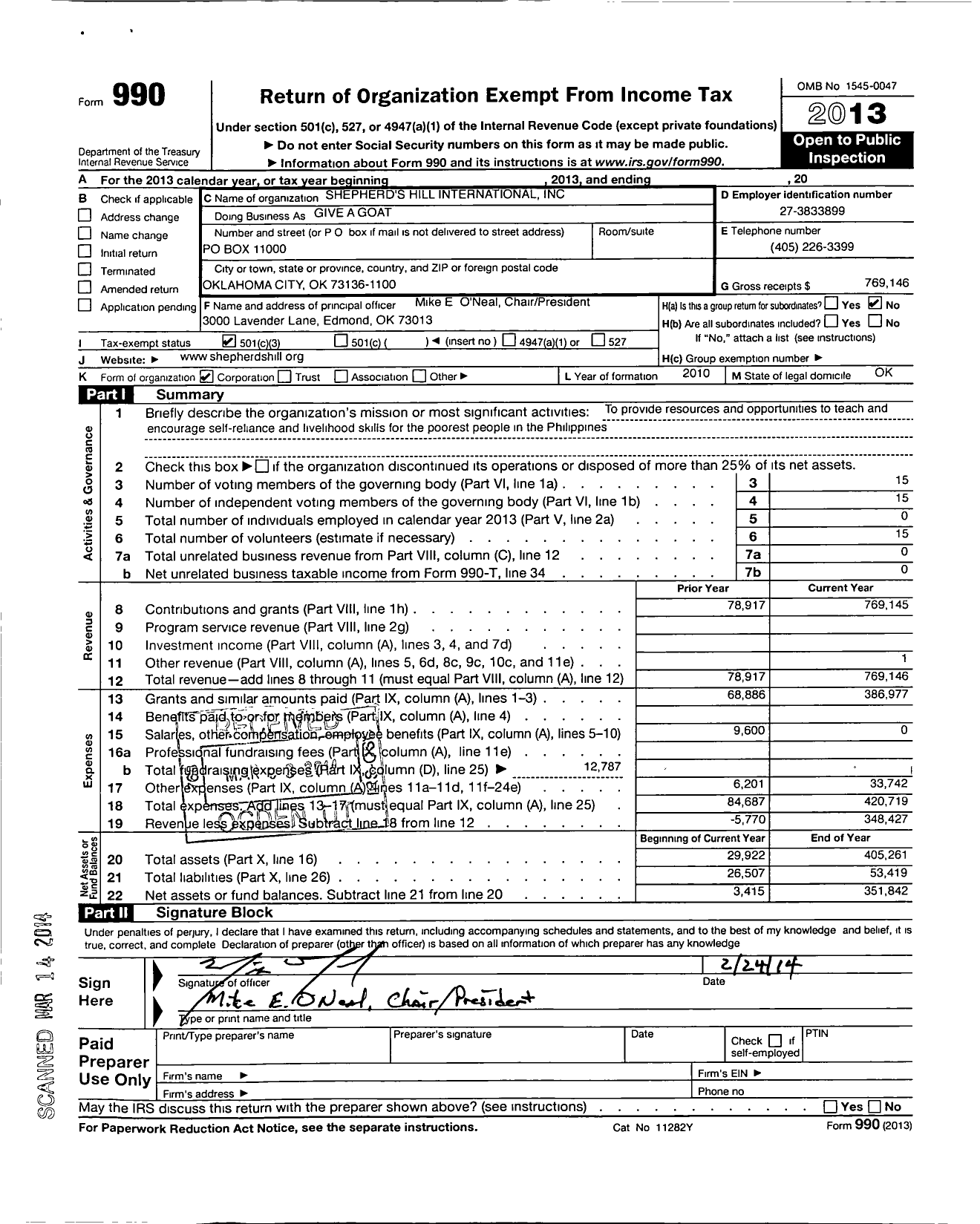 Image of first page of 2013 Form 990 for Shepherds Hill International