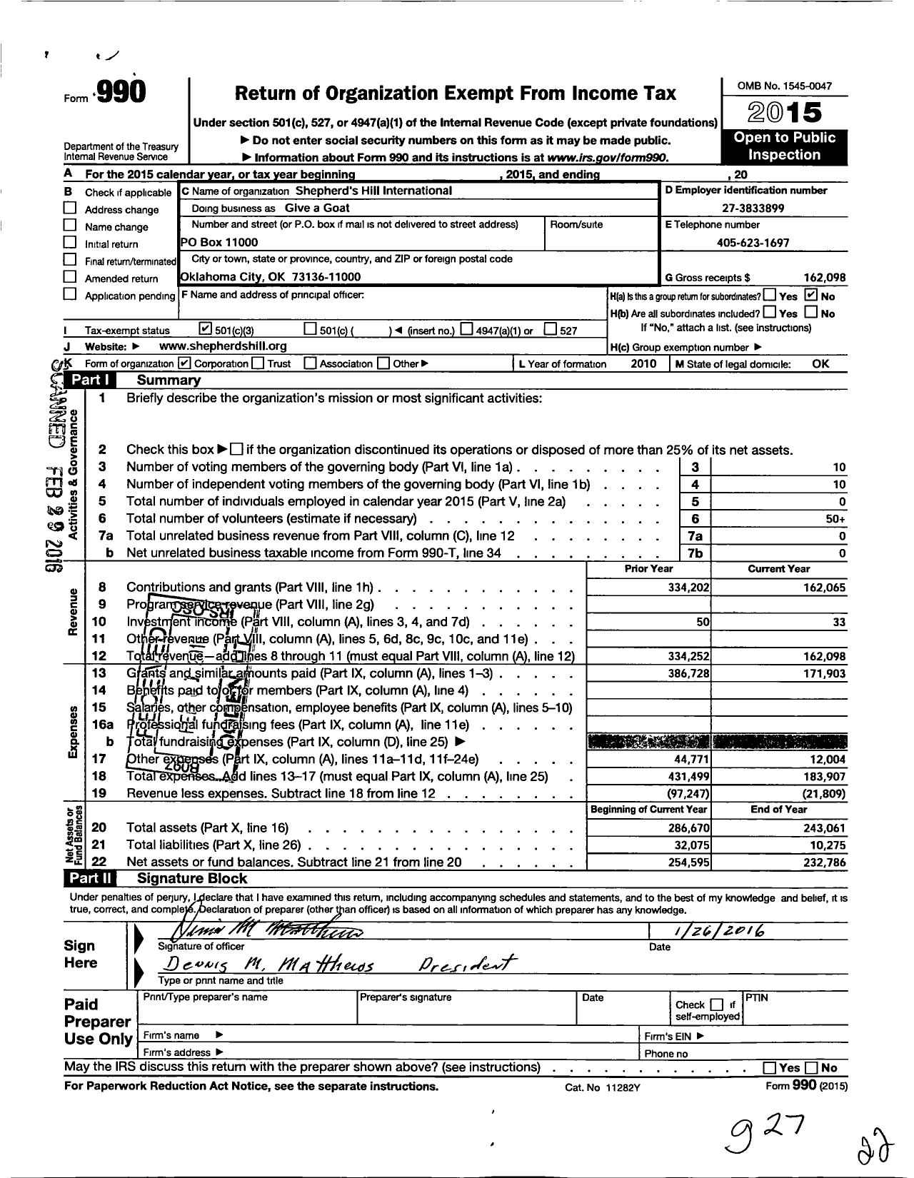 Image of first page of 2015 Form 990 for Shepherds Hill International