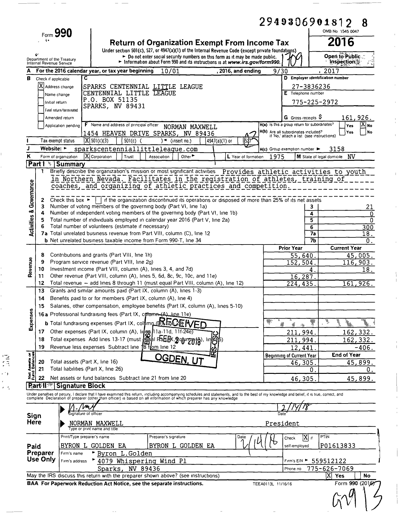 Image of first page of 2016 Form 990 for Little League Baseball - 4280118 Centennial LL