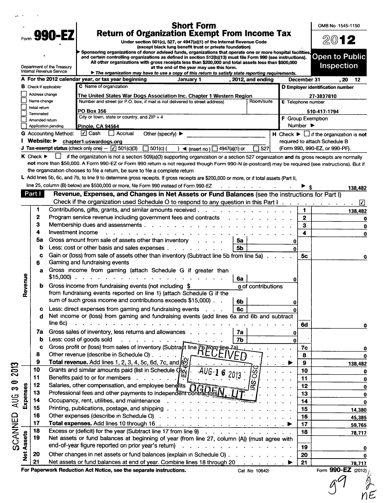 Image of first page of 2012 Form 990EZ for United States War Dogs Association Chapter 1 Western