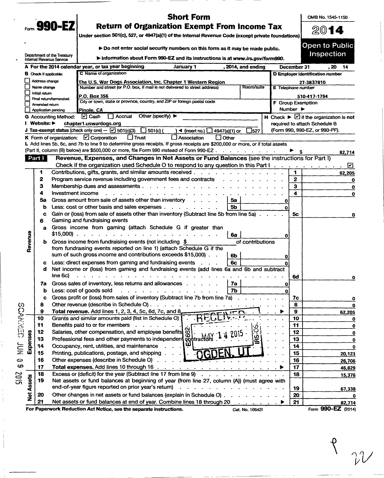 Image of first page of 2014 Form 990EZ for United States War Dogs Association Chapter 1 Western