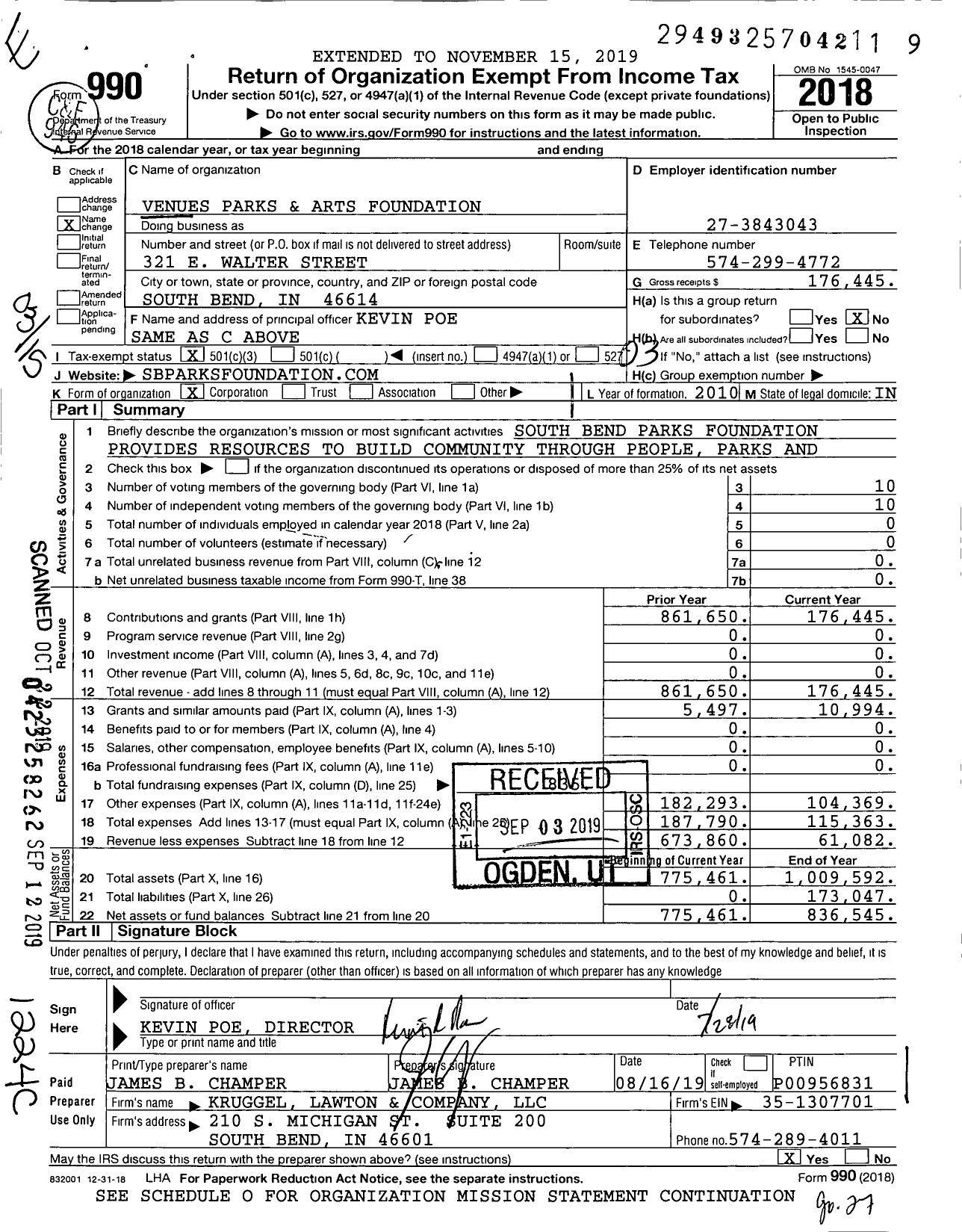 Image of first page of 2018 Form 990 for Venues Parks and Arts Foundation