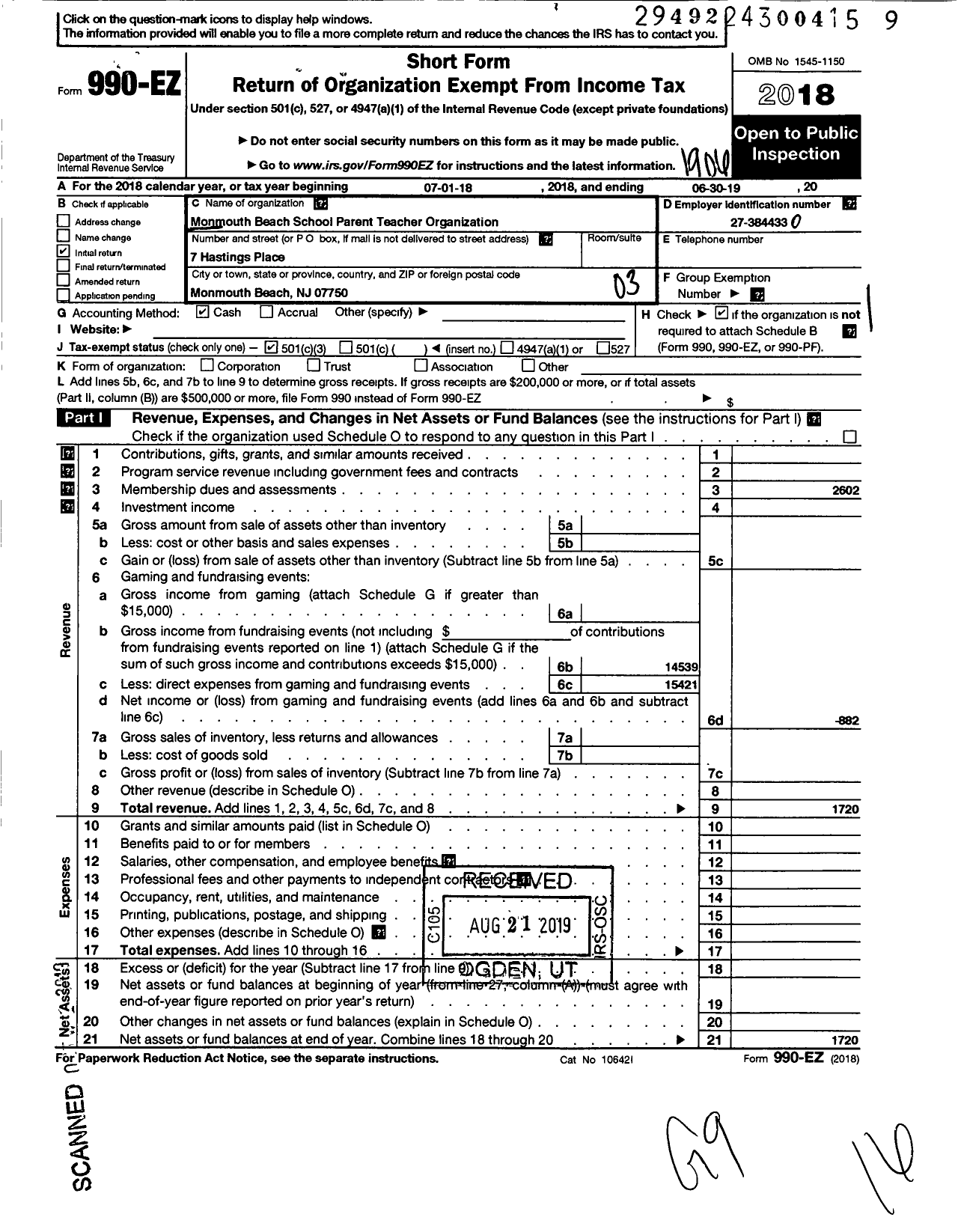 Image of first page of 2018 Form 990EZ for Monmouth Beach School Pto