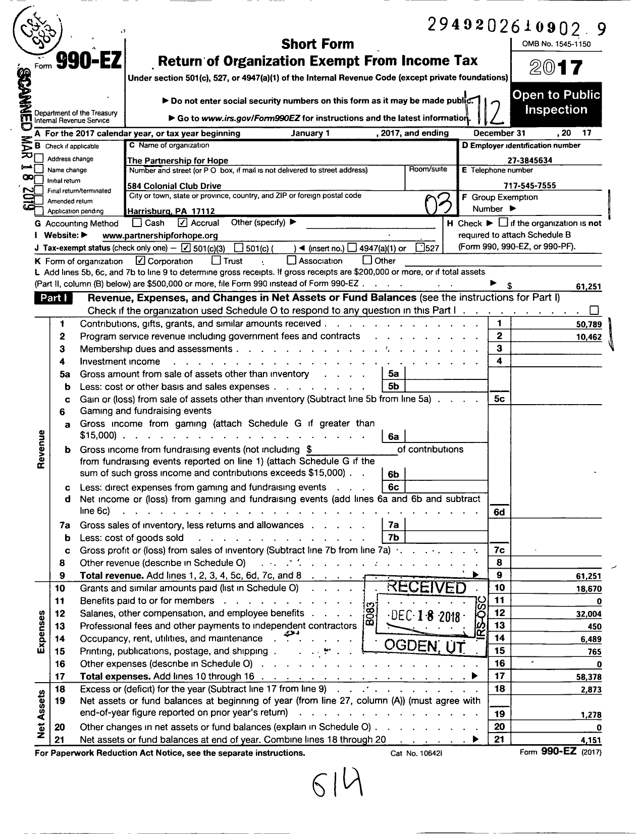 Image of first page of 2017 Form 990EZ for The Partnership for Hope