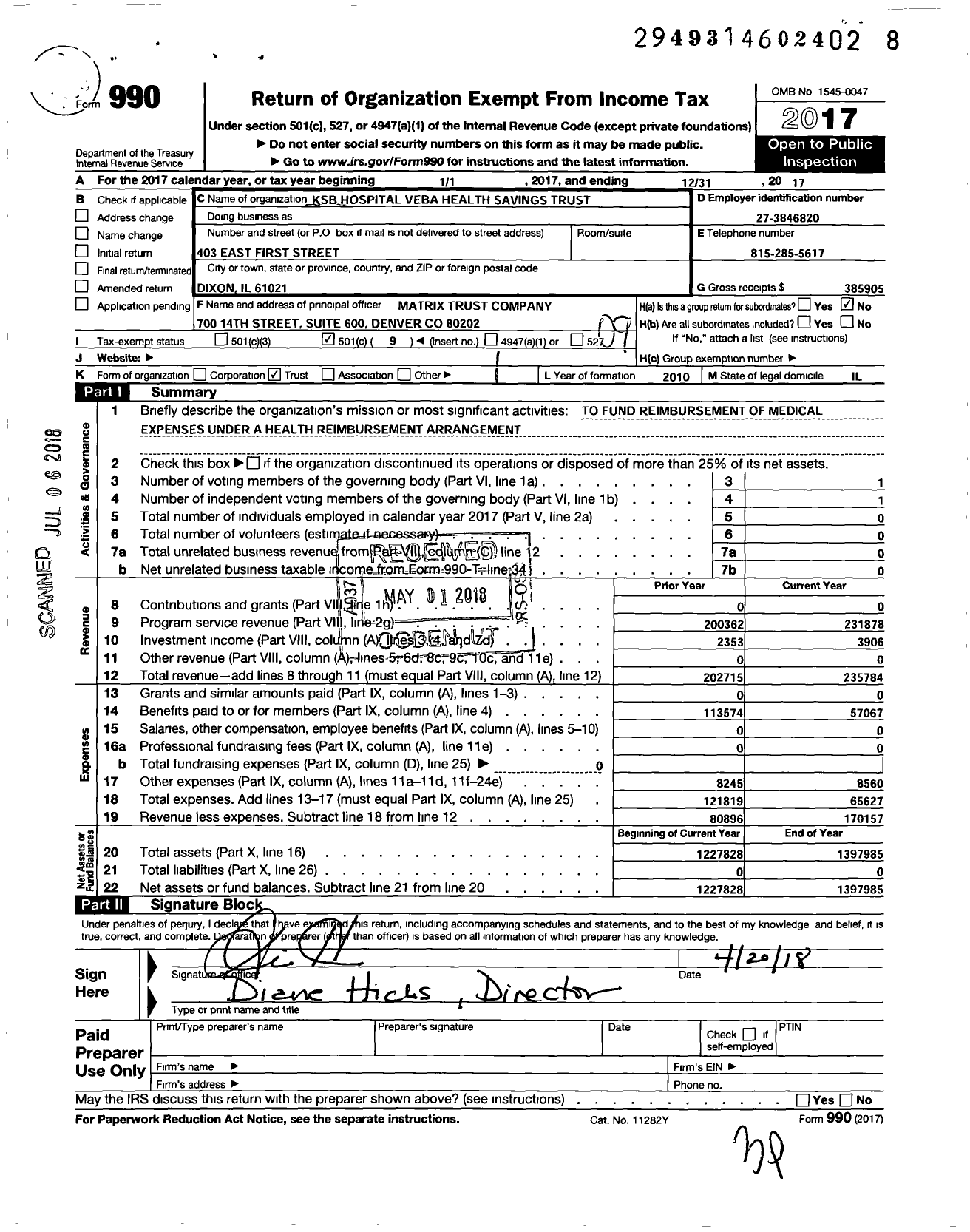 Image of first page of 2017 Form 990O for KSB Hospital Veba Health Savings Trust